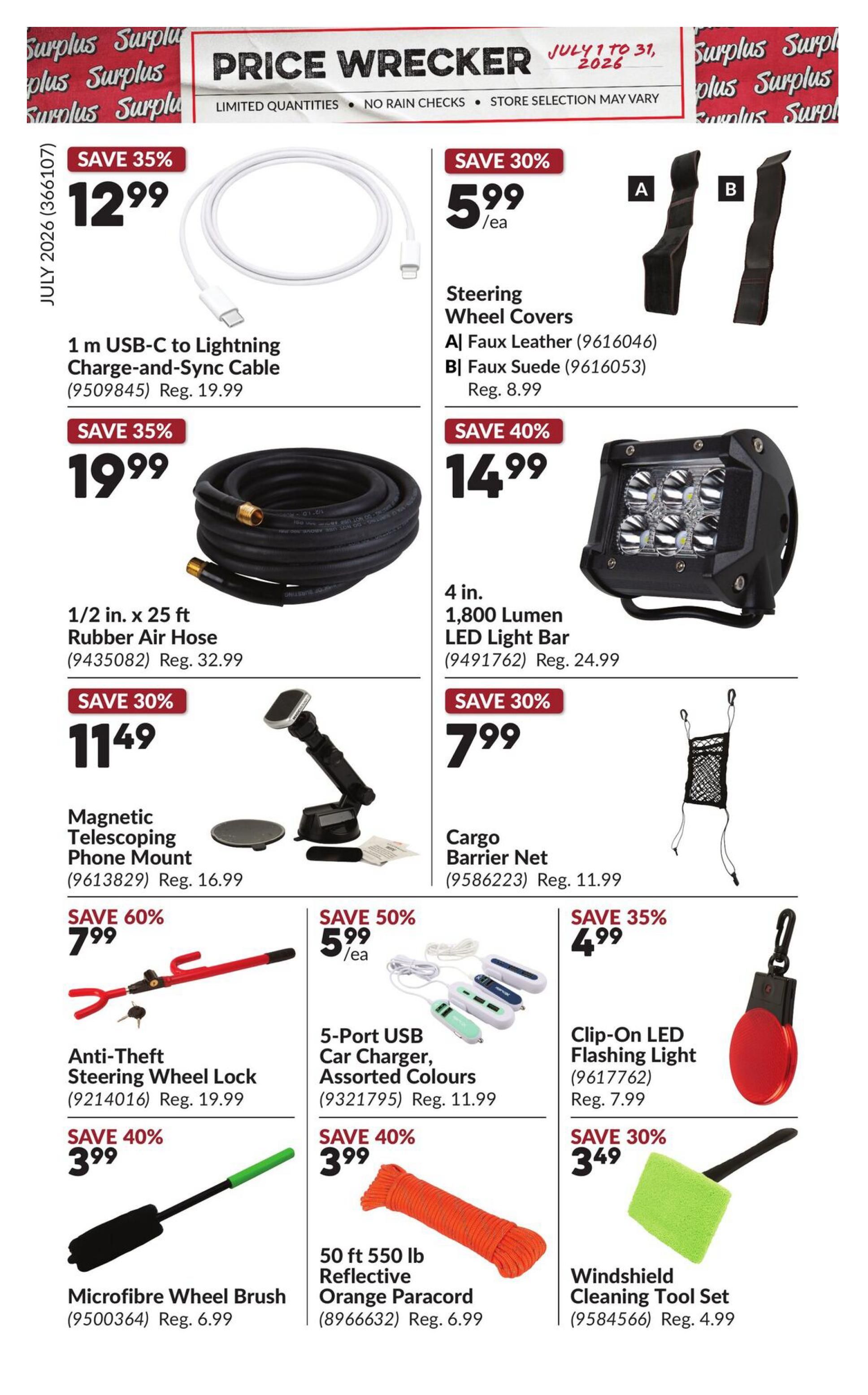 Princess Auto Price Wrecker flyer, Page 8. Featured items include a 1 m USB-C to Lightning Charge-and-Sync Cable on sale for $12.99 (Save 35%), regular price $19.99. Steering Wheel Covers are $5.99/ea (Save 30%), with options in Faux Leather and Faux Suede. A 1/2 in. x 25 ft Rubber Air Hose is $19.99 (Save 35%), regular price $32.99. A 4 in. 1,800 Lumen LED Light Bar is $14.99 (Save 40%), regular price $24.99. A Magnetic Telescoping Phone Mount is $11.49 (Save 30%), regular price $16.99. A Cargo Barrier Net is $7.99 (Save 30%), regular price $11.99. An Anti-Theft Steering Wheel Lock is $7.99 (Save 60%), regular price $19.99. A 5-Port USB Car Charger in assorted colours is $5.99/ea (Save 50%), regular price $11.99. A Clip-On LED Flashing Light is $4.99 (Save 35%), regular price $7.99. A Microfibre Wheel Brush is $3.99 (Save 40%), regular price $6.99. 50 ft 550 lb Reflective Orange Paracord is $3.99 (Save 40%), regular price $6.99. A Windshield Cleaning Tool Set is $3.49 (Save 30%), regular price $4.99.