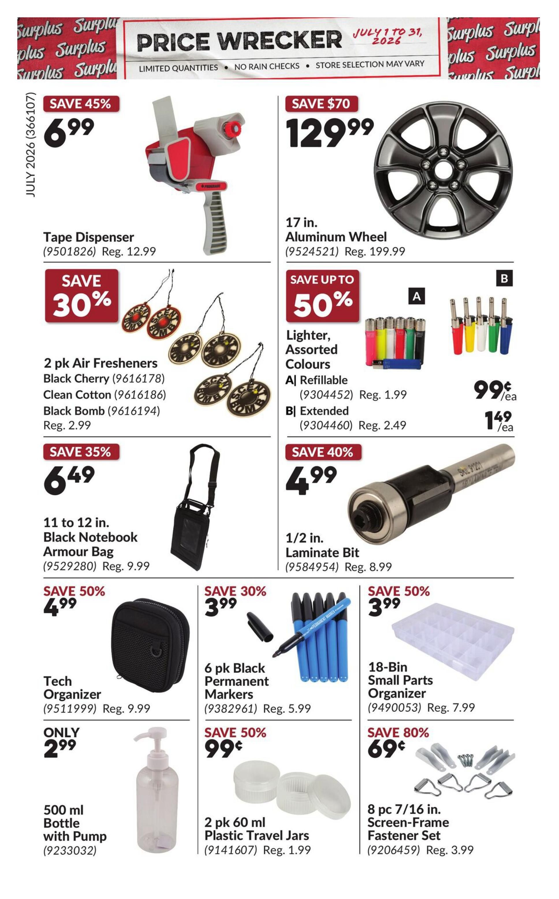 Princess Auto Price Wrecker flyer, page 10. Featured items include a Tape Dispenser on sale for $6.99 (save 45%), a 17 in. Aluminum Wheel for $129.99 (save $70), and 2 pk Air Fresheners in Black Cherry, Clean Cotton, and Black Bomb scents for $2.99 (save 30%). Also available are Lighter, Assorted Colours, refillable for $0.99 each (save up to 50%) and extended for $1.49 each. Other deals include an 11 to 12 in. Black Notebook Armour Bag for $6.49 (save 35%), a 1/2 in. Laminate Bit for $4.99 (save 40%), a Tech Organizer for $4.99 (save 50%), 6 pk Black Permanent Markers for $3.99 (save 30%), a 500 ml Bottle with Pump for $2.99, 2 pk 60 ml Plastic Travel Jars for $0.99 (save 50%), and an 8 pc 7/16 in. Screen-Frame Fastener Set for $0.69 (save 80%).