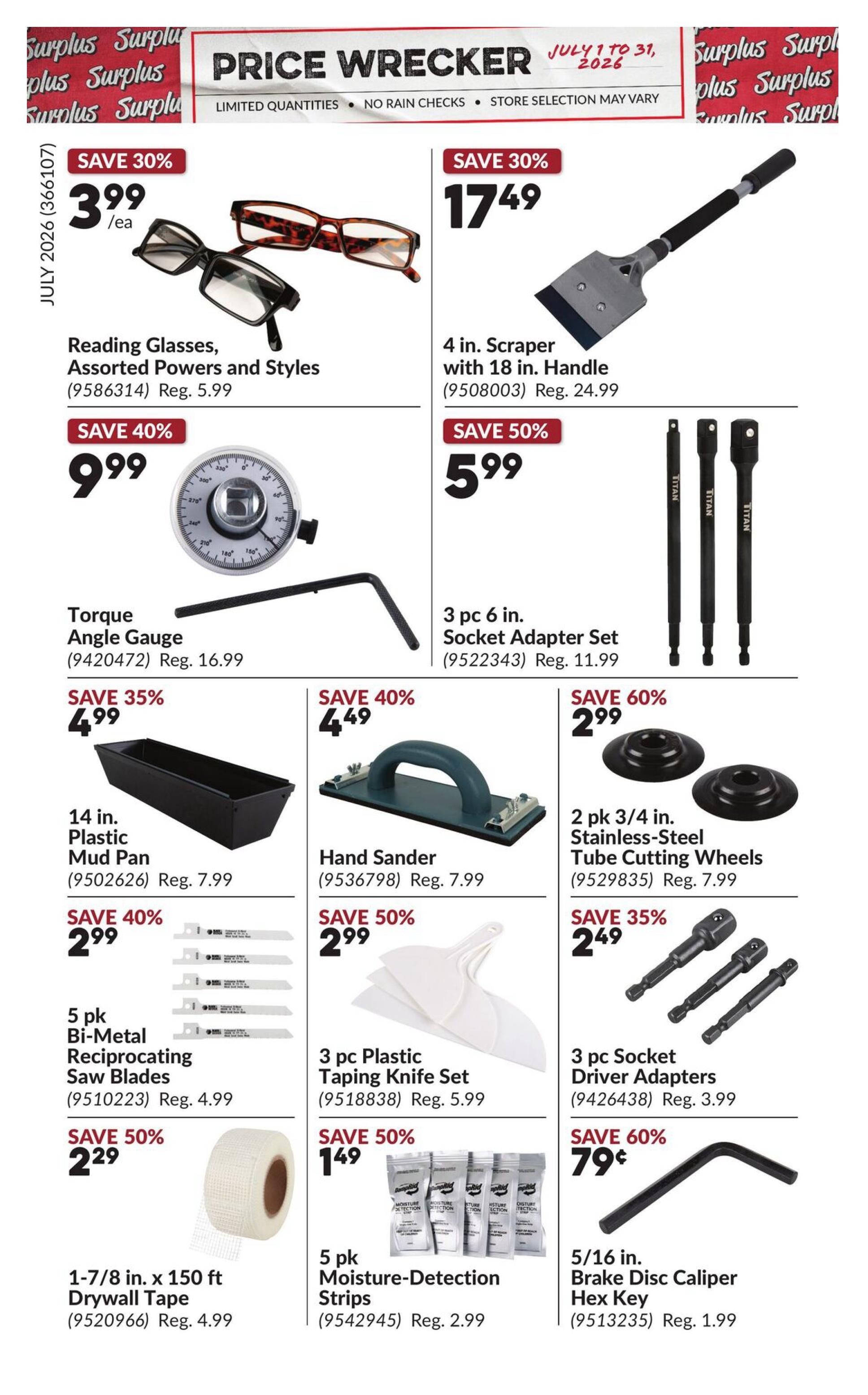 Princess Auto Price Wrecker flyer, page 13. Featured items include Reading Glasses, Assorted Powers and Styles on sale for $3.99/ea (Save 30%), a 4 in. Scraper with 18 in. Handle for $17.49 (Save 30%), and a Torque Angle Gauge for $9.99 (Save 40%). Also available are a 3 pc 6 in. Socket Adapter Set for $5.99 (Save 50%), a 14 in. Plastic Mud Pan for $4.99 (Save 35%), a Hand Sander for $4.49 (Save 40%), and 2 pk 3/4 in. Stainless-Steel Tube Cutting Wheels for $2.99 (Save 60%). Additional deals include 5 pk Bi-Metal Reciprocating Saw Blades for $2.99 (Save 40%), a 3 pc Plastic Taping Knife Set for $2.99 (Save 50%), 3 pc Socket Driver Adapters for $2.49 (Save 35%), 1-7/8 in. x 150 ft Drywall Tape for $2.29 (Save 50%), 5 pk Moisture-Detection Strips for $1.49 (Save 50%), and a 5/16 in. Brake Disc Caliper Hex Key for $0.79 (Save 60%).