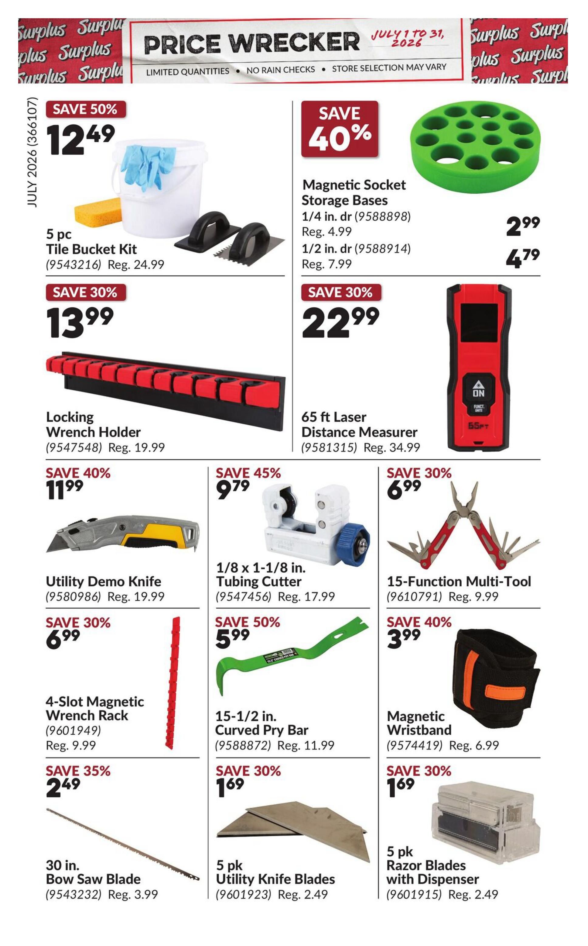 Princess Auto Price Wrecker flyer, page 14. Featured deals include a 5 pc Tile Bucket Kit for $12.49 (Save 50%), a Locking Wrench Holder for $13.99 (Save 30%), and a Utility Demo Knife for $11.99 (Save 40%). Also available are Magnetic Socket Storage Bases starting at $2.99 (Save 40%), a 65 ft Laser Distance Measurer for $22.99 (Save 30%), a 1/8 x 1-1/8 in. Tubing Cutter for $9.79 (Save 45%), a 15-Function Multi-Tool for $6.99 (Save 30%), a 4-Slot Magnetic Wrench Rack for $6.99 (Save 30%), a 15-1/2 in. Curved Pry Bar for $5.99 (Save 50%), a Magnetic Wristband for $3.99 (Save 40%), a 30 in. Bow Saw Blade for $2.49 (Save 35%), and 5 pk Utility Knife Blades for $1.69 (Save 30%), plus 5 pk Razor Blades with Dispenser for $1.69 (Save 30%).