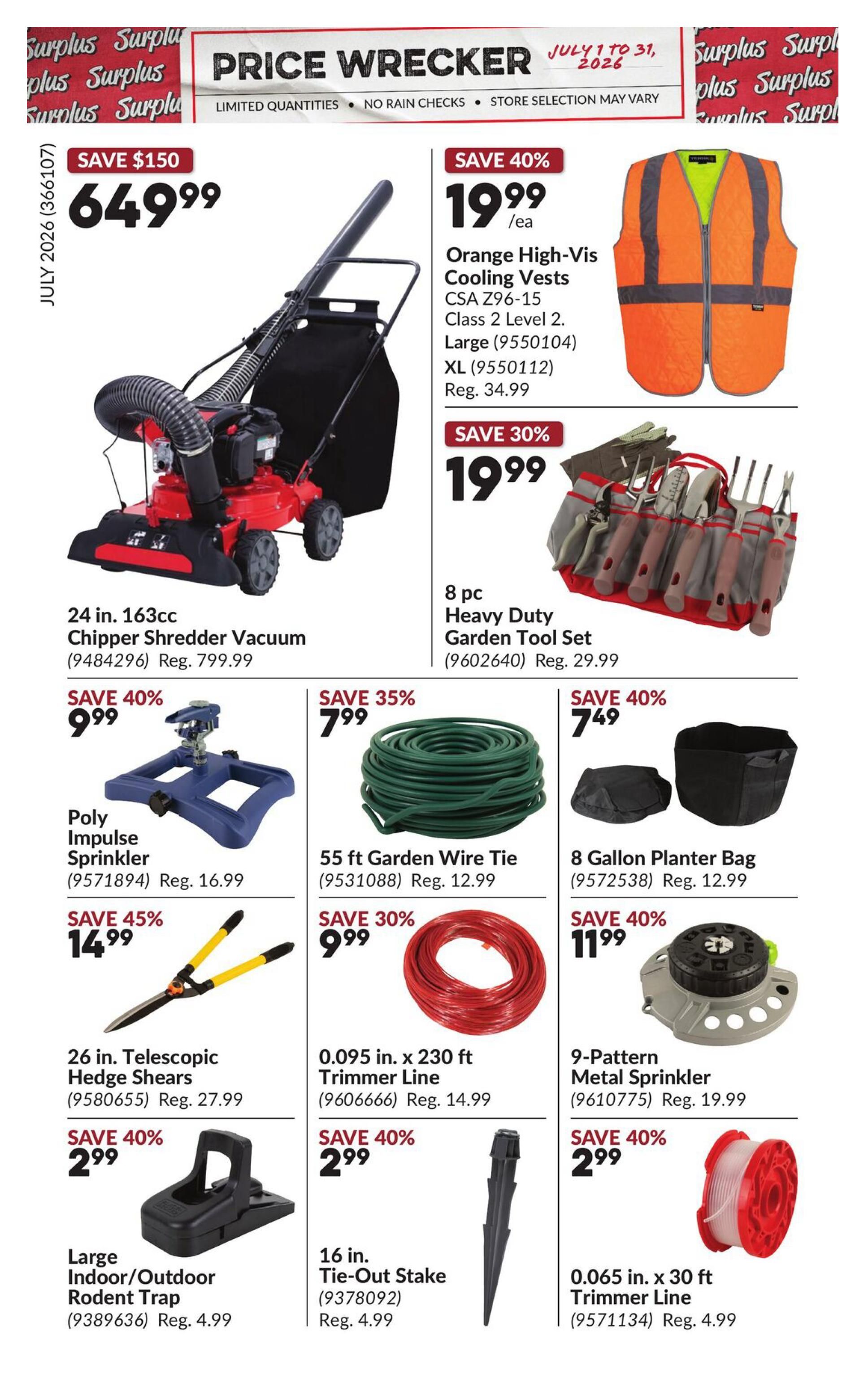 Princess Auto Price Wrecker flyer, page 16. Featured items include a 24 in. 163cc Chipper Shredder Vacuum on sale for $649.99 (Save $150, Reg. $799.99). Also available are Orange High-Vis Cooling Vests for $19.99/ea (Save 40%, Reg. $34.99), an 8 pc Heavy Duty Garden Tool Set for $19.99 (Save 30%, Reg. $29.99), a Poly Impulse Sprinkler for $9.99 (Save 40%, Reg. $16.99), 55 ft Garden Wire Tie for $7.99 (Save 35%, Reg. $12.99), and an 8 Gallon Planter Bag for $7.49 (Save 40%, Reg. $12.99). Additional deals include 26 in. Telescopic Hedge Shears for $14.99 (Save 45%, Reg. $27.99), 0.095 in. x 230 ft Trimmer Line for $9.99 (Save 30%, Reg. $14.99), a 9-Pattern Metal Sprinkler for $11.99 (Save 40%, Reg. $19.99), a Large Indoor/Outdoor Rodent Trap for $2.99 (Save 40%, Reg. $4.99), a 16 in. Tie-Out Stake for $2.99 (Save 40%, Reg. $4.99), and 0.065 in. x 30 ft Trimmer Line for $2.99 (Save 40%, Reg. $4.99).