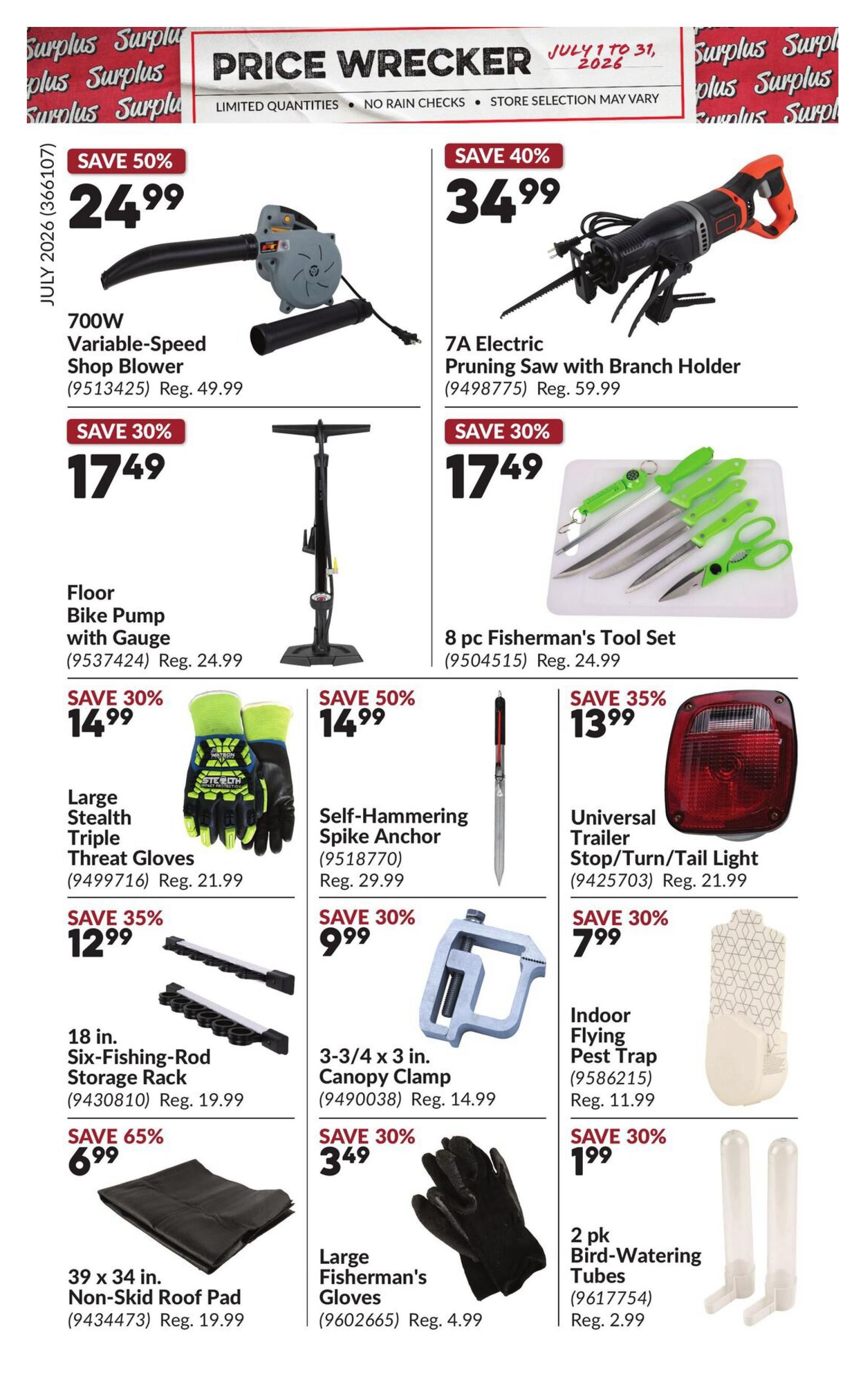Princess Auto Price Wrecker flyer, page 17. Featured items include a 700W Variable-Speed Shop Blower on sale for $24.99 (save 50%), a 7A Electric Pruning Saw with Branch Holder for $34.99 (save 40%), and an 8 pc Fisherman's Tool Set for $17.49 (save 30%). Also available are a Floor Bike Pump with Gauge for $17.49 (save 30%), Large Stealth Triple Threat Gloves for $14.99 (save 30%), a Self-Hammering Spike Anchor for $14.99 (save 50%), a Universal Trailer Stop/Turn/Tail Light for $13.99 (save 35%), an 18 in. Six-Fishing-Rod Storage Rack for $12.99 (save 35%), a 3-3/4 x 3 in. Canopy Clamp for $9.99 (save 30%), an Indoor Flying Pest Trap for $7.99 (save 30%), a 39 x 34 in. Non-Skid Roof Pad for $6.99 (save 65%), Large Fisherman's Gloves for $3.49 (save 30%), and a 2 pk Bird-Watering Tubes for $1.99 (save 30%).