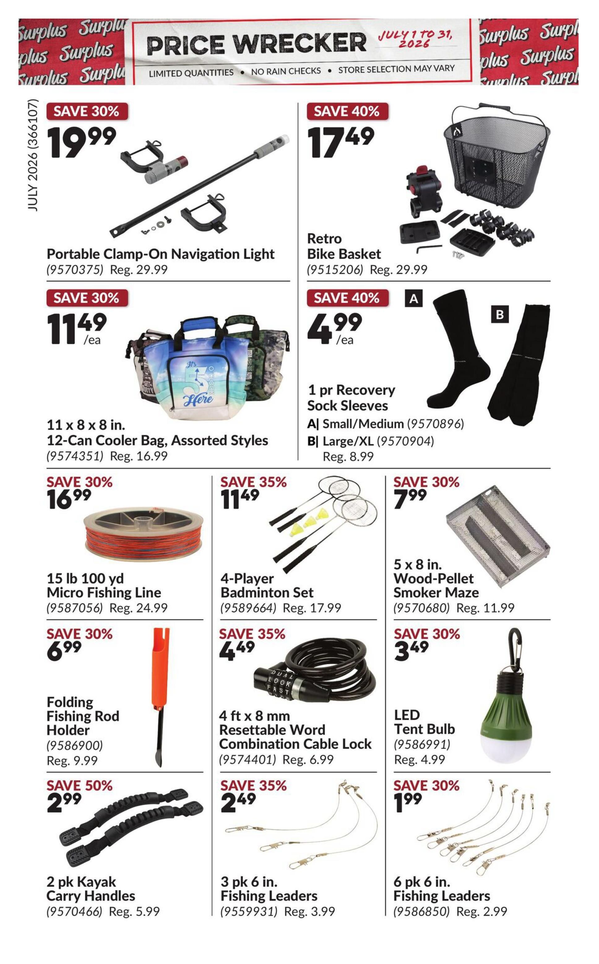 Princess Auto Price Wrecker flyer, page 18. Featured items include a Portable Clamp-On Navigation Light on sale for $19.99 (save 30%), a Retro Bike Basket for $17.49 (save 40%), and an 11 x 8 in. 12-Can Cooler Bag, Assorted Styles for $11.49 (save 30%). Also available are 1 pr Recovery Sock Sleeves in Small/Medium for $4.99 (save 40%) and Large/XL for $4.99 (save 40%). Other deals include a 15 lb 100 yd Micro Fishing Line for $16.99 (save 30%), a 4-Player Badminton Set for $11.49 (save 35%), and a 5 x 8 in. Wood-Pellet Smoker Maze for $7.99 (save 30%). Additional fishing and outdoor gear on sale: Folding Fishing Rod Holder for $6.99 (save 30%), 4 ft x 8 mm Resettable Word Combination Cable Lock for $4.49 (save 35%), LED Tent Bulb for $3.49 (save 30%), 2 pk Kayak Carry Handles for $2.99 (save 50%), 3 pk 6 in. Fishing Leaders for $2.49 (save 35%), and 6 pk 6 in. Fishing Leaders for $1.99 (save 30%).
