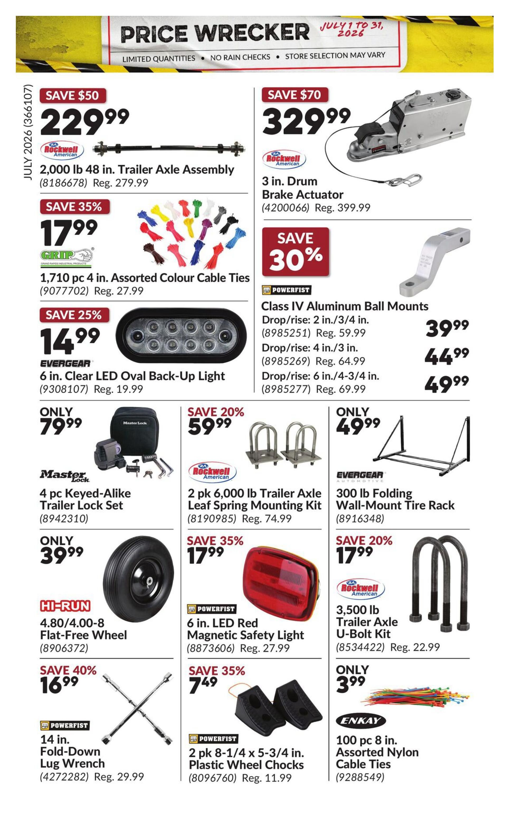 Princess Auto Price Wrecker flyer, Page 20. Featured items include a 2,000 lb 48 in. Trailer Axle Assembly for $229.99 (Save $50), a 3 in. Drum Brake Actuator for $329.99 (Save $70), and 1,710 pc 4 in. Assorted Colour Cable Ties for $17.99 (Save 35%). Also available are a 6 in. Clear LED Oval Back-Up Light for $14.99 (Save 25%), Class IV Aluminum Ball Mounts starting at $39.99, a 4 pc Keyed-Alike Trailer Lock Set for $79.99, 2 pk 6,000 lb Trailer Axle Leaf Spring Mounting Kits for $59.99 (Save 20%), and a 300 lb Folding Wall-Mount Tire Rack for $49.99. Additional offers include a 4.80/4.00-8 Flat-Free Wheel for $39.99, a 3,500 lb Trailer Axle U-Bolt Kit for $17.99 (Save 20%), a 14 in. Fold-Down Lug Wrench for $16.99 (Save 40%), a 6 in. LED Red Magnetic Safety Light for $17.99 (Save 35%), 2 pk 8-1/4 x 5-3/4 in. Plastic Wheel Chocks for $7.49 (Save 35%), and 100 pc 8 in. Assorted Nylon Cable Ties for $3.99.