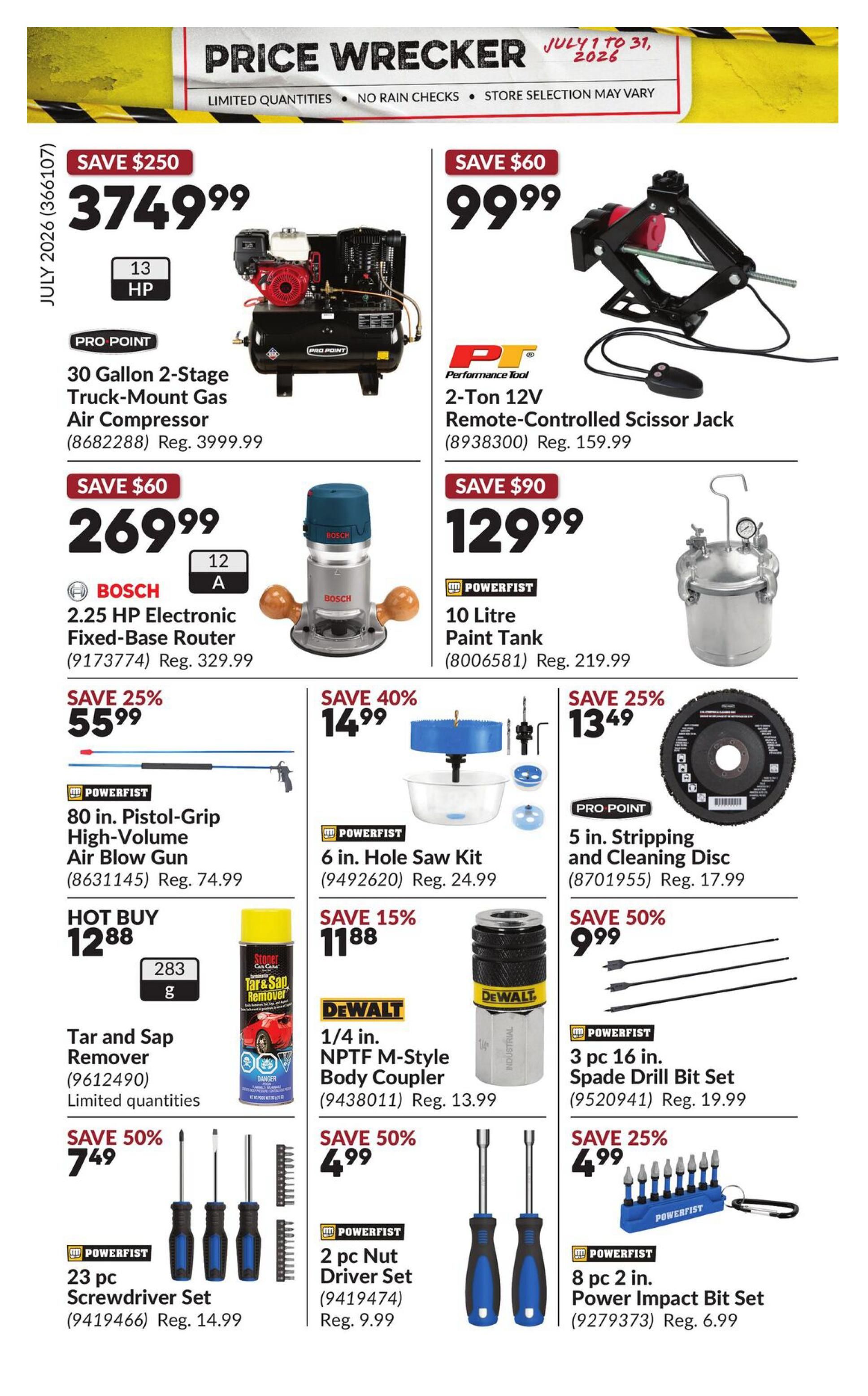 Princess Auto Price Wrecker flyer, page 21. Featured items include a Pro Point 30 Gallon 2-Stage Truck-Mount Gas Air Compressor for $374.99 (regularly $3999.99), a Performance Tool 2-Ton 12V Remote-Controlled Scissor Jack for $99.99 (regularly $159.99), and a Bosch 2.25 HP Electronic Fixed-Base Router for $269.99 (regularly $329.99). Also available are a Powerfist 10 Litre Paint Tank for $129.99 (regularly $219.99), a Powerfist 80 in. Pistol-Grip High-Volume Air Blow Gun for $55.99 (save 25%, regularly $74.99), a Powerfist 6 in. Hole Saw Kit for $14.99 (save 40%, regularly $24.99), and a Pro Point 5 in. Stripping and Cleaning Disc for $13.49 (save 25%, regularly $17.99). Hot Buy: Tar and Sap Remover for $12.88 (limited quantities). Other deals include a DeWalt 1/4 in. NPTF M-Style Body Coupler for $11.88 (save 15%, regularly $13.99), a Powerfist 3 pc 16 in. Spade Drill Bit Set for $9.99 (save 50%, regularly $19.99), a Powerfist 23 pc Screwdriver Set for $7.49 (save 50%, regularly $14.99), a Powerfist 2 pc Nut Driver Set for $4.99 (save 50%, regularly $9.99), and a Powerfist 8 pc 2 in. Power Impact Bit Set for $4.99 (save 25%, regularly $6.99).