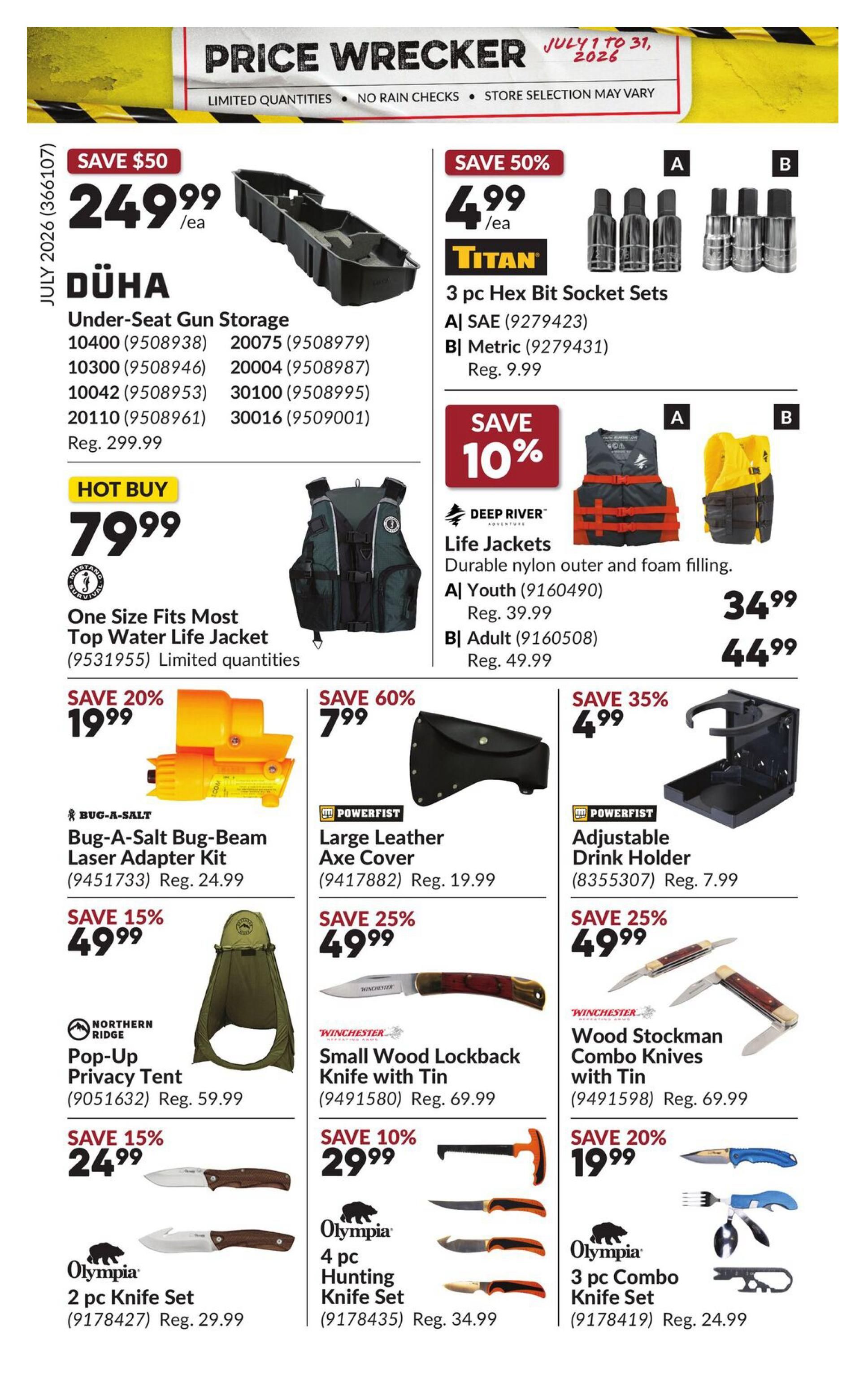 Princess Auto Price Wrecker flyer, page 25, featuring a DÜHA Under-Seat Gun Storage for $249.99 (save $50), originally $299.99. Also available are Titan 3 pc Hex Bit Socket Sets for $4.99/ea (save 50%), with SAE and Metric options. Deep River Life Jackets are on sale: Youth for $34.99 (save 10%) and Adult for $44.99. Hot Buy: One Size Fits Most Top Water Life Jacket for $79.99. Other deals include a Bug-A-Salt Bug-Beam Laser Adapter Kit for $19.99 (save 20%), originally $24.99. A POWERFIST Large Leather Axe Cover is $7.99 (save 60%), originally $19.99. A POWERFIST Adjustable Drink Holder is $4.99 (save 35%), originally $7.99. A Northern Ridge Pop-Up Privacy Tent is $49.99 (save 15%), originally $59.99. Winchester Small Wood Lockback Knives with Tin are $49.99 (save 25%), originally $69.99. Olympia 2 pc Knife Sets are $24.99 (save 15%), originally $29.99. Olympia 4 pc Hunting Knife Sets are $29.99 (save 10%), originally $34.99. Finally, Olympia 3 pc Combo Knife Sets are $19.99 (save 20%), originally $24.99.
