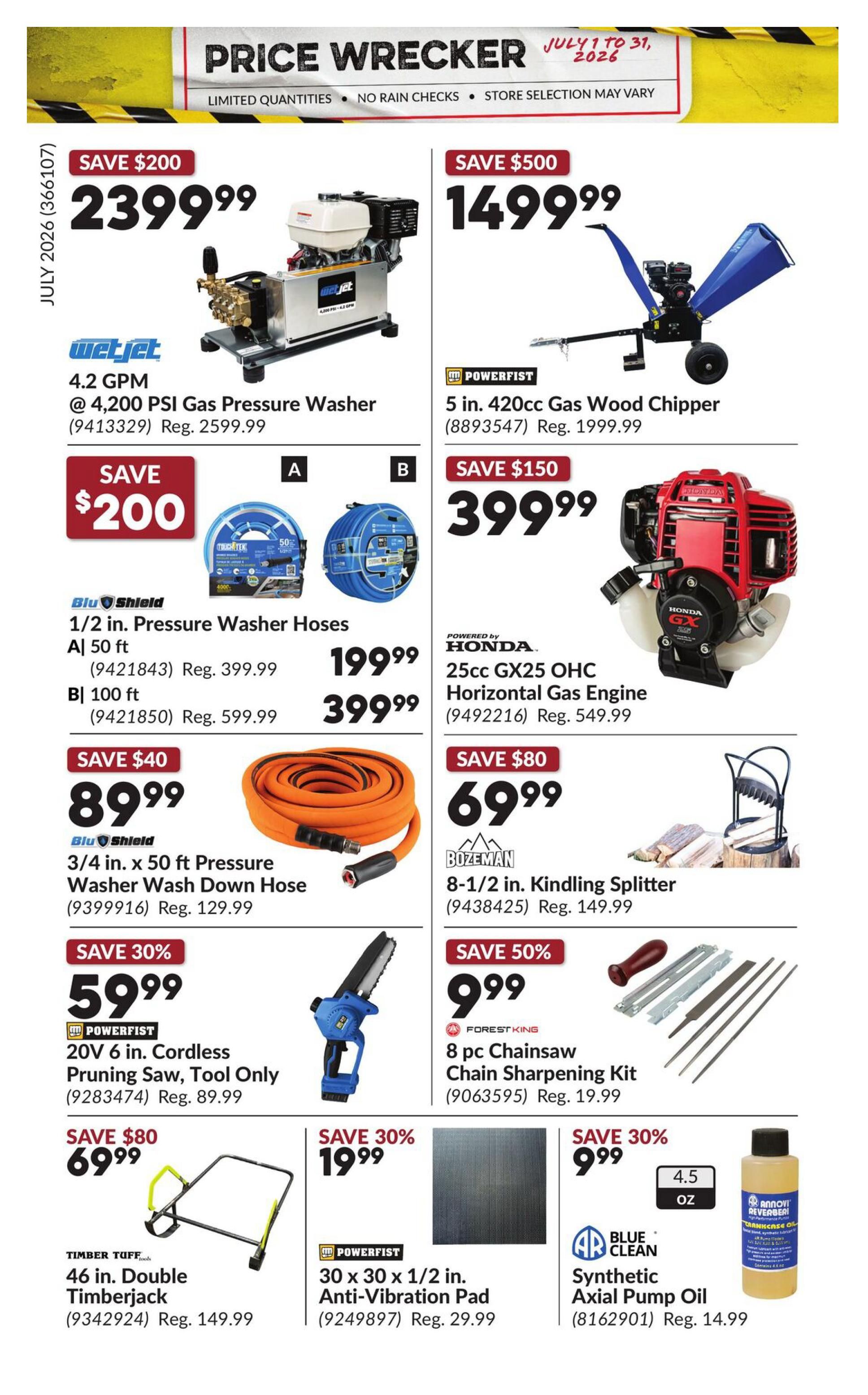 Princess Auto Price Wrecker flyer, page 28, featuring a WetJet 4.2 GPM @ 4,200 PSI Gas Pressure Washer on sale for $2399.99 (save $200). Also available is a Powerfist 5 in. 420cc Gas Wood Chipper for $1499.99 (save $500). Blu Shield 1/2 in. Pressure Washer Hoses are $199.99 for 50 ft (save $200) and $399.99 for 100 ft (save $200). A Blu Shield 3/4 in. x 50 ft Pressure Washer Wash Down Hose is $89.99 (save $40). The Bozeman 8-1/2 in. Kindling Splitter is $69.99 (save $80). Powerfist 20V 6 in. Cordless Pruning Saw, Tool Only is $59.99 (save 30%). A Forest King 8 pc. Chainsaw Chain Sharpening Kit is $9.99 (save 50%). Timber Tuff 46 in. Double Timberjack is $69.99 (save $80). Powerfist 30 x 30 x 1/2 in. Anti-Vibration Pad is $19.99 (save 30%). Blue Clean Synthetic Axial Pump Oil (4.5 oz) is $9.99 (save 30%).