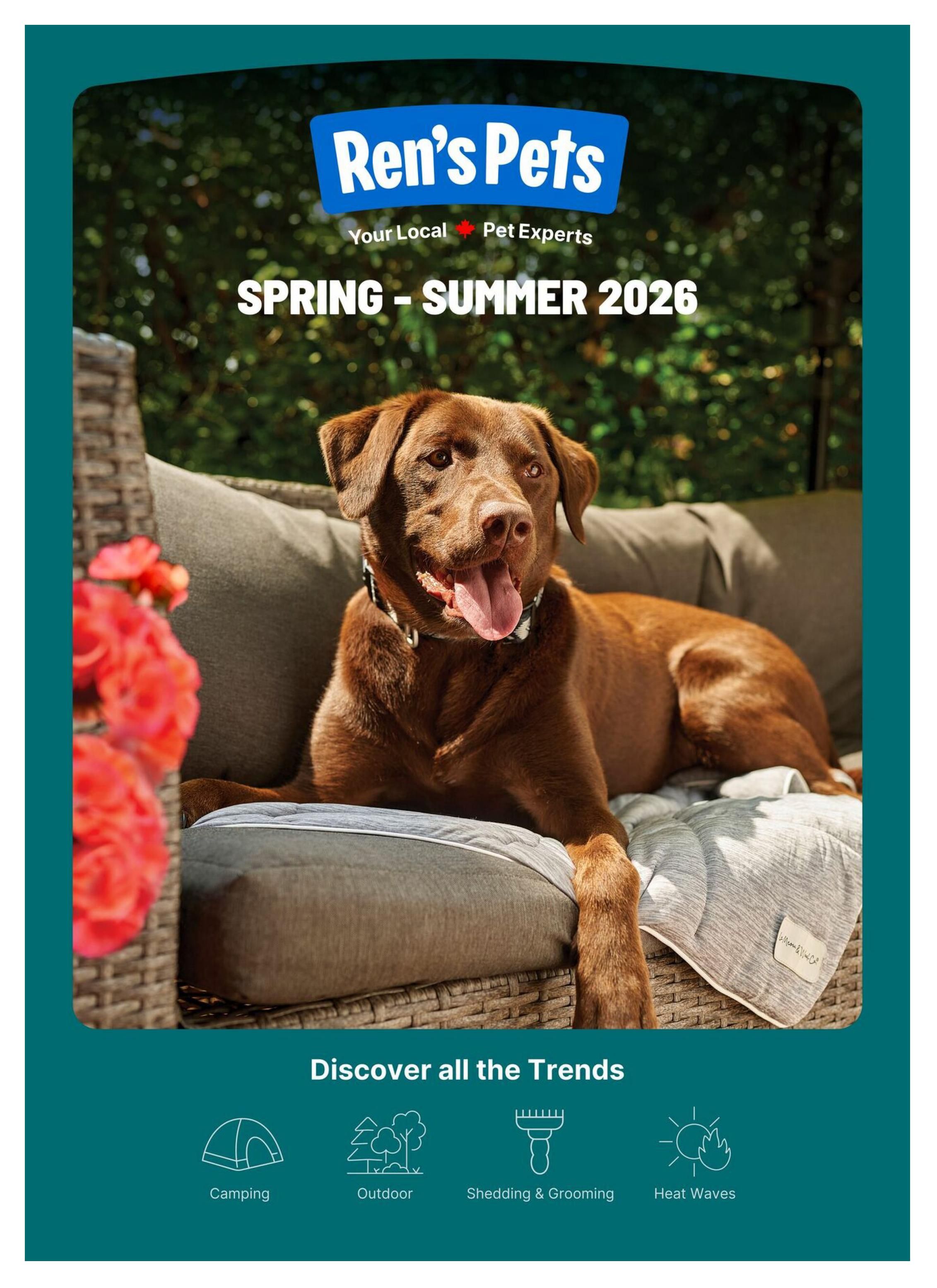 Ren's Pets Spring-Summer 2026 flyer cover featuring a happy chocolate lab resting on outdoor furniture. Below the image, discover trends for Camping, Outdoor activities, Shedding & Grooming, and Heat Waves.