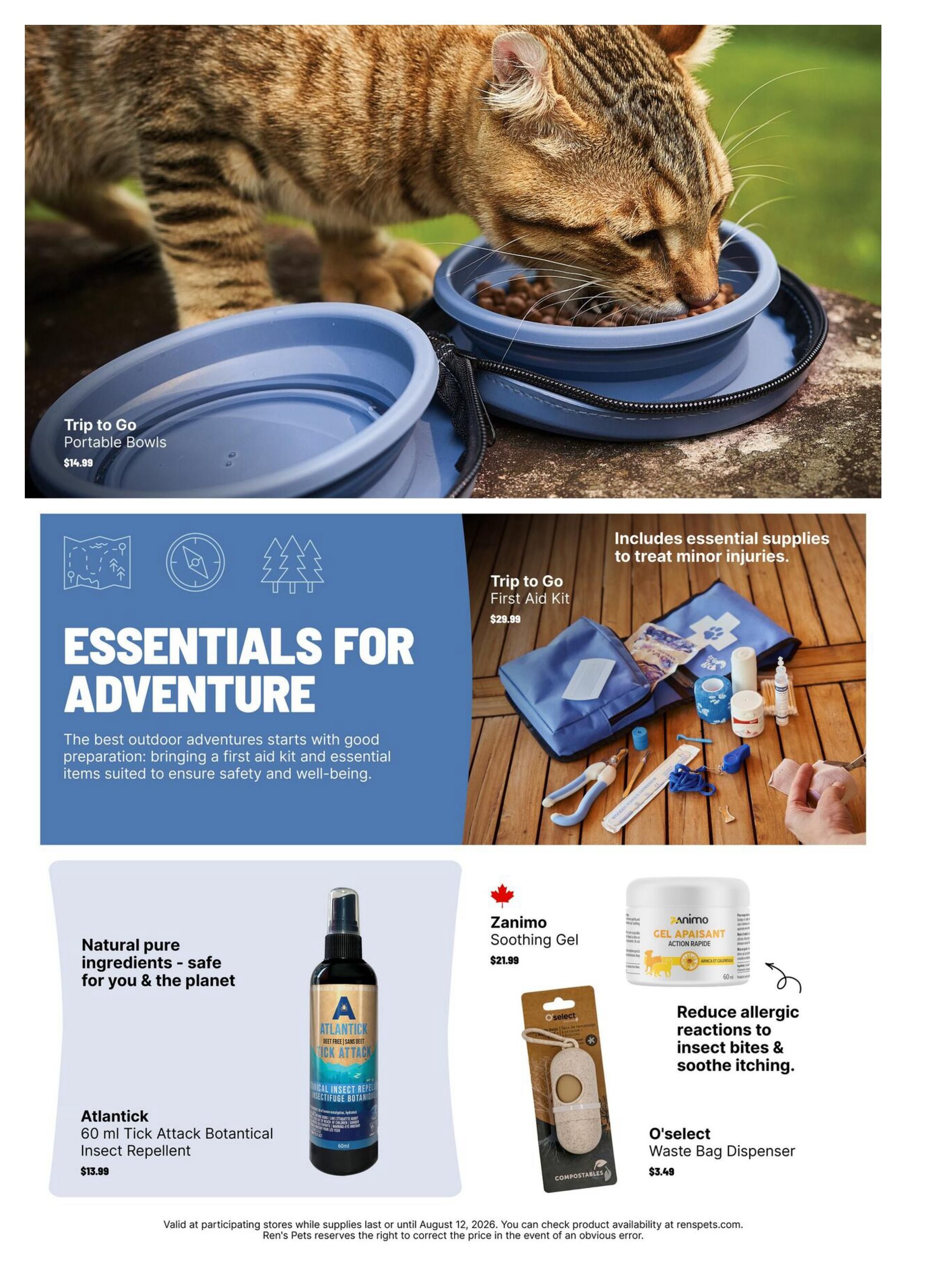 Ren's Pets flyer, page 3. Features 'Essentials for Adventure' with Trip to Go Portable Bowls for $14.99 and a Trip to Go First Aid Kit for $29.99, including essential supplies for minor injuries. Also available is Atlantick 60 ml Tick Attack Botanical Insect Repellent for $13.99, Zanimo Soothing Gel for $21.99 to reduce allergic reactions to insect bites and soothe itching, and an O'select Waste Bag Dispenser for $3.49.