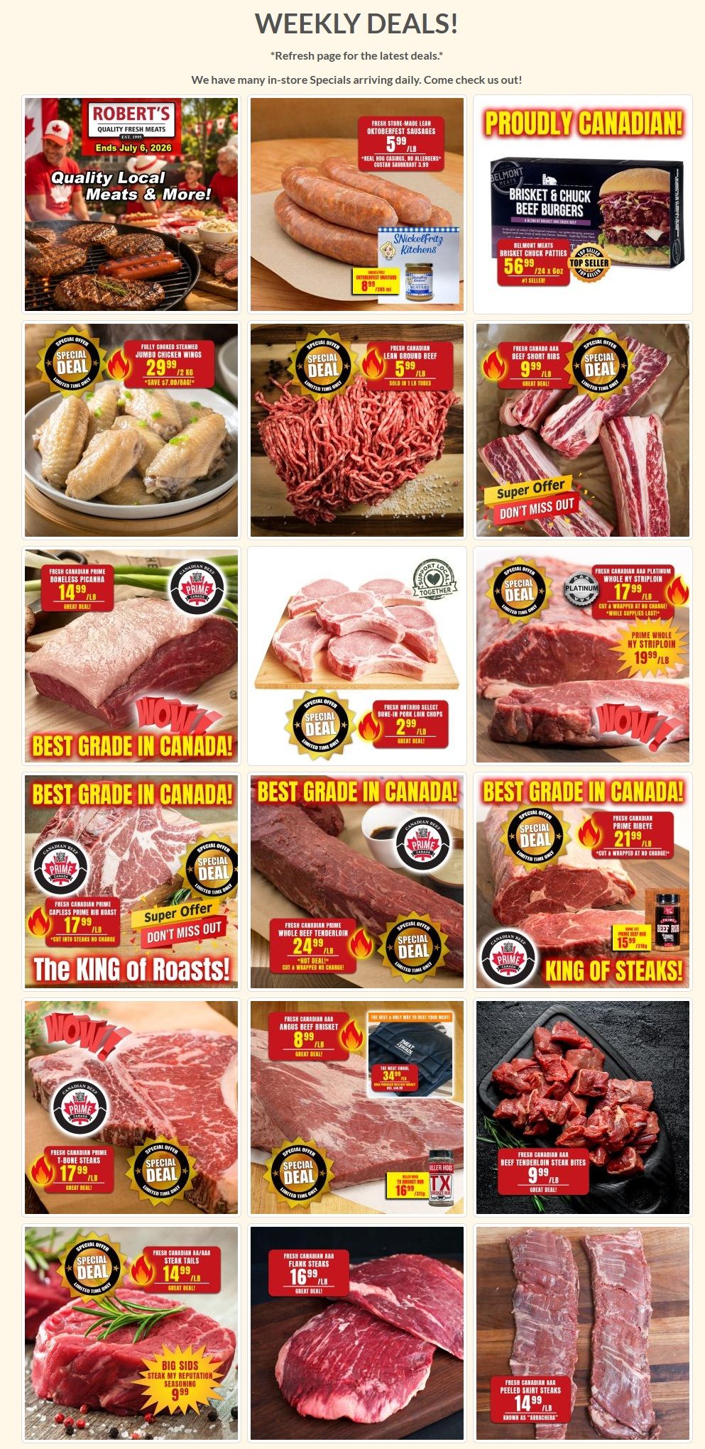 Robert's Quality Fresh Meats Weekly Deals flyer page 1. Features include fresh store-made lean Oktoberfest sausages for $5.99/lb, Belmont Meats brisket & chuck beef burgers for $5.69/24x6oz, fully cooked steamed jumbo chicken wings for $29.99/2kg, and fresh Canadian lean ground beef for $5.99/lb. Also available are fresh Canadian AAA beef short ribs for $9.99/lb, fresh Canadian prime boneless picanha for $14.99/lb, fresh Ontario select bone-in pork loin chops for $2.99/lb, and fresh whole beef tenderloin for $24.99/lb. Other deals include fresh Canadian prime rib roast for $17.99/lb, fresh Canadian prime ribeye for $21.99/lb, fresh Canadian AAA beef brisket for $8.99/lb, and fresh Canadian AAA beef tenderloin steak bites for $9.99/lb. Additionally, find fresh Canadian prime T-bone steaks for $17.99/lb, fresh Canadian AAA flank steaks for $16.99/lb, fresh Canadian AAA steak tails for $14.99/lb, and fresh Canadian AAA peeled skirt steaks for $14.99/lb. A meat smoker is also shown for $34.99.
