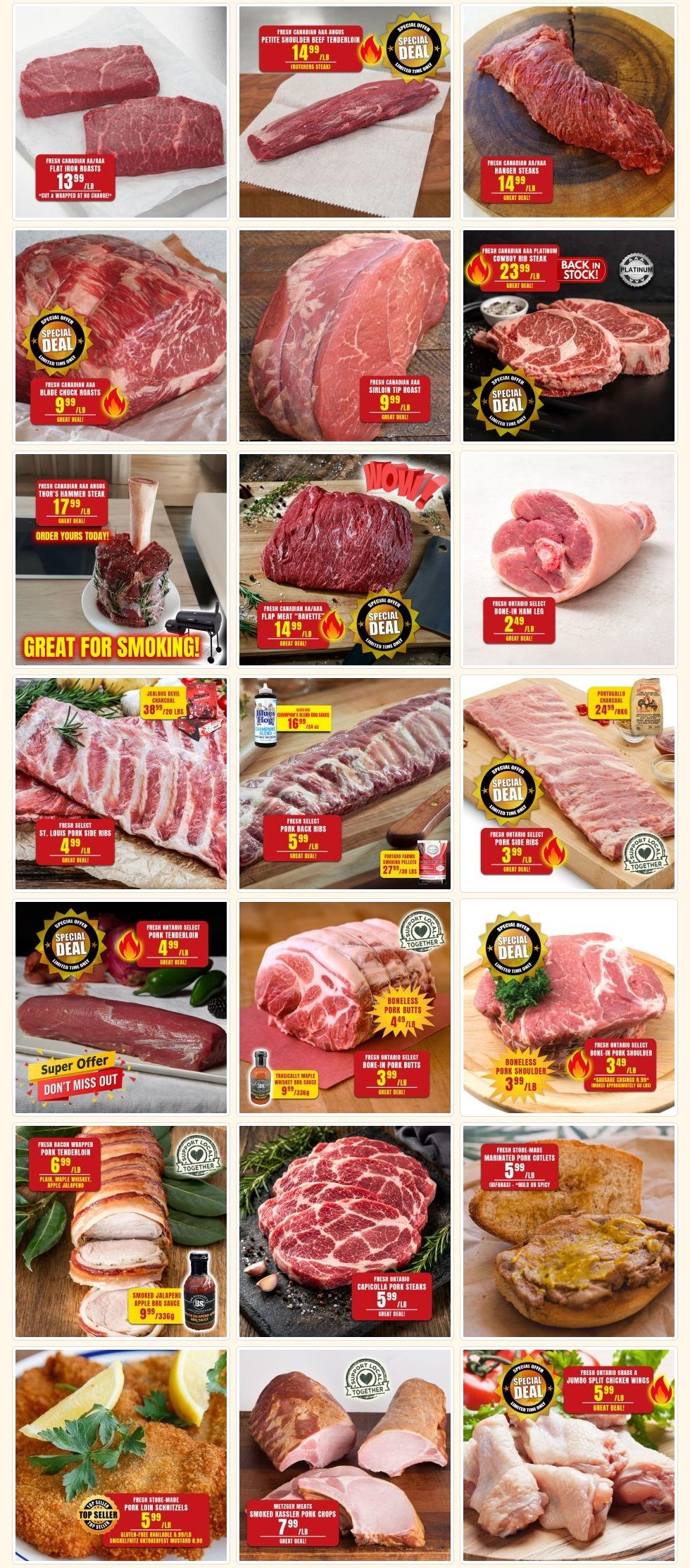 Robert's Quality Fresh Meats Weekly Flyer Specials Page 2. Featured products include Fresh Canadian AAA Angus Petite Shoulder Beef Tenderloin for $14.99/lb, Fresh Canadian AAA Angus Flat Iron Roasts for $13.99/lb, Fresh Canadian AAA Sirloin Tip Roast for $9.99/lb, Fresh Canadian AAA Blade Chuck Roasts for $9.99/lb, Fresh Canadian AAA Hanger Steaks for $14.99/lb, Fresh Canadian AAA Platinum Cowboy Rib Steak for $23.99/lb, Fresh Canadian AAA Thor's Hammer Steak for $17.99/lb, Fresh Canadian AAA Flap Meat 'Bavette' for $14.99/lb, Fresh Ontario Select Bone-In Ham Leg for $2.49/lb, St. Louis Pork Side Ribs for $4.99/lb, Pork Back Ribs for $5.99/lb, Fresh Ontario Select Pork Side Ribs for $3.99/lb, Fresh Ontario Select Pork Tenderloin for $4.99/lb, Boneless Pork Butts for $4.49/lb, Fresh Ontario Select Bone-In Pork Butts for $3.99/lb, Boneless Pork Shoulder for $3.49/lb, Fresh Bacon Wrapped Pork Tenderloin for $6.99/lb, Smoked Jalapeno Apple BBQ Sauce for $9.99/330g, Fresh Ontario Capicolla Pork Steaks for $5.99/lb, Fresh Store-Made Marinated Pork Cutlets for $5.99/lb, Fresh Store-Made Pork Loin Schnitzels for $5.99/lb, Metzer Meats Smoked Kassler Pork Chops for $7.99/lb, and Fresh Ontario Grade A Jumbo Split Chicken Wings for $5.99/lb.