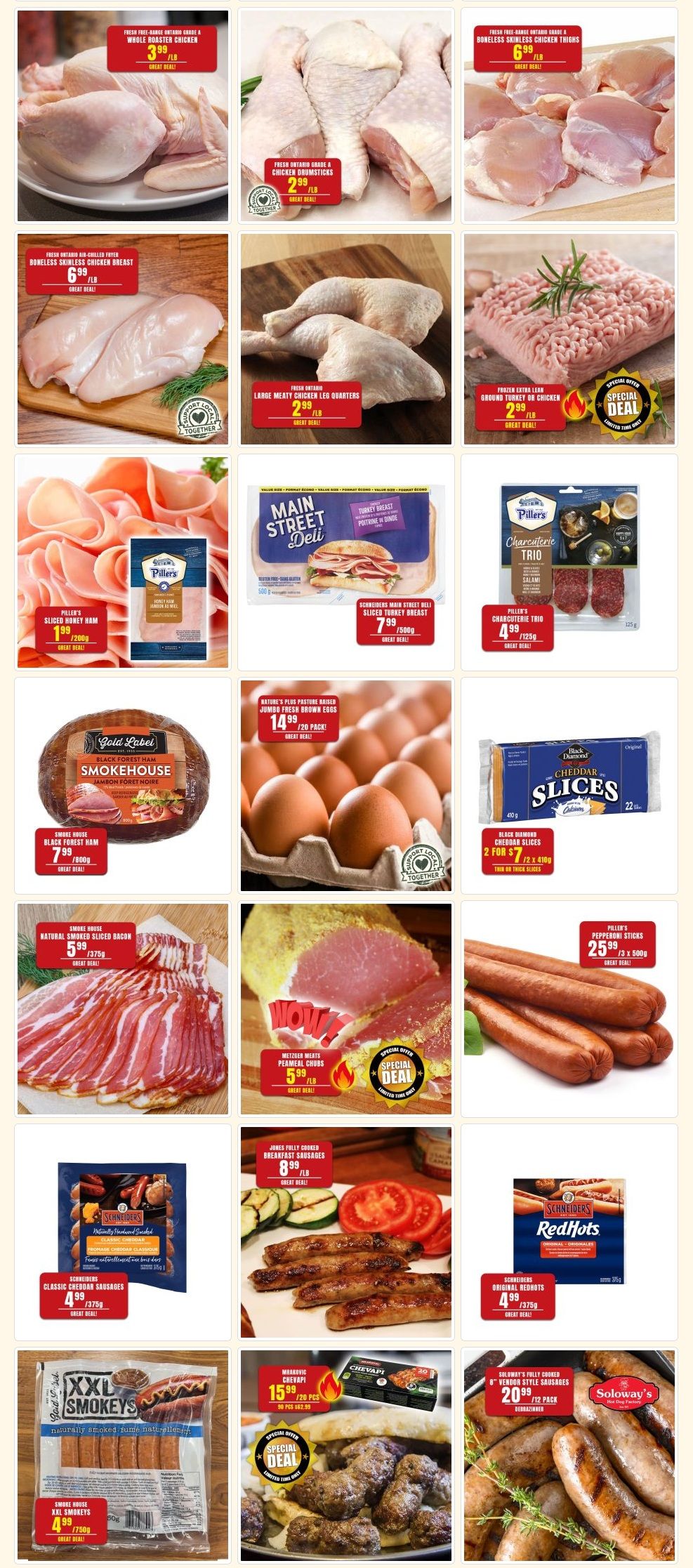 Robert's Quality Fresh Meats weekly flyer specials page 3. Featured items include Fresh Ontario Grade A Whole Roasted Chicken for $3.99/lb, Fresh Ontario Grade A Chicken Drumsticks for $2.99/lb, Fresh Free-Range Ontario Grade A Boneless Skinless Chicken Thighs for $6.99/lb, Fresh Ontario Air-Chilled Fryer Boneless Skinless Chicken Breast for $6.99/lb, Fresh Ontario Large Meaty Chicken Leg Quarters for $2.99/lb, and Frozen Extra Lean Ground Turkey or Chicken for $2.99/lb. Also available are Piller's Sliced Honey Ham for $1.99/200g, Schneiders Main Street Deli Sliced Turkey Breast for $7.99/500g, and Piller's Charcuterie Trio for $4.99/125g. Gold Label Smokehouse Black Forest Ham is $7.99/lb, and Smokehouse Natural Smoked Sliced Bacon is $5.99/375g. Metzger Meats Perneal Chubs are on special for $5.99/lb. Nature's Plus Pasture Raised Jumbo Fresh Brown Eggs are $14.99/20 pack. Black Diamond Cheddar Slices are 2 for $7/12 x 410g. Piller's Pepperoni Sticks are $25.99/3 x 500g. Schneiders Classic Cheddar Sausages are $4.99/375g. Jones Fully Cooked Breakfast Sausages are $8.99/lb. Schneiders Original Redhots are $4.99/375g. Smokehouse XXL Smokeys are $4.99/750g. Markovic Chevapi are $15.99/20 pcs. Soloway's Fully Cooked 8' Vendor Style Sausages are $20.99/12 pack.