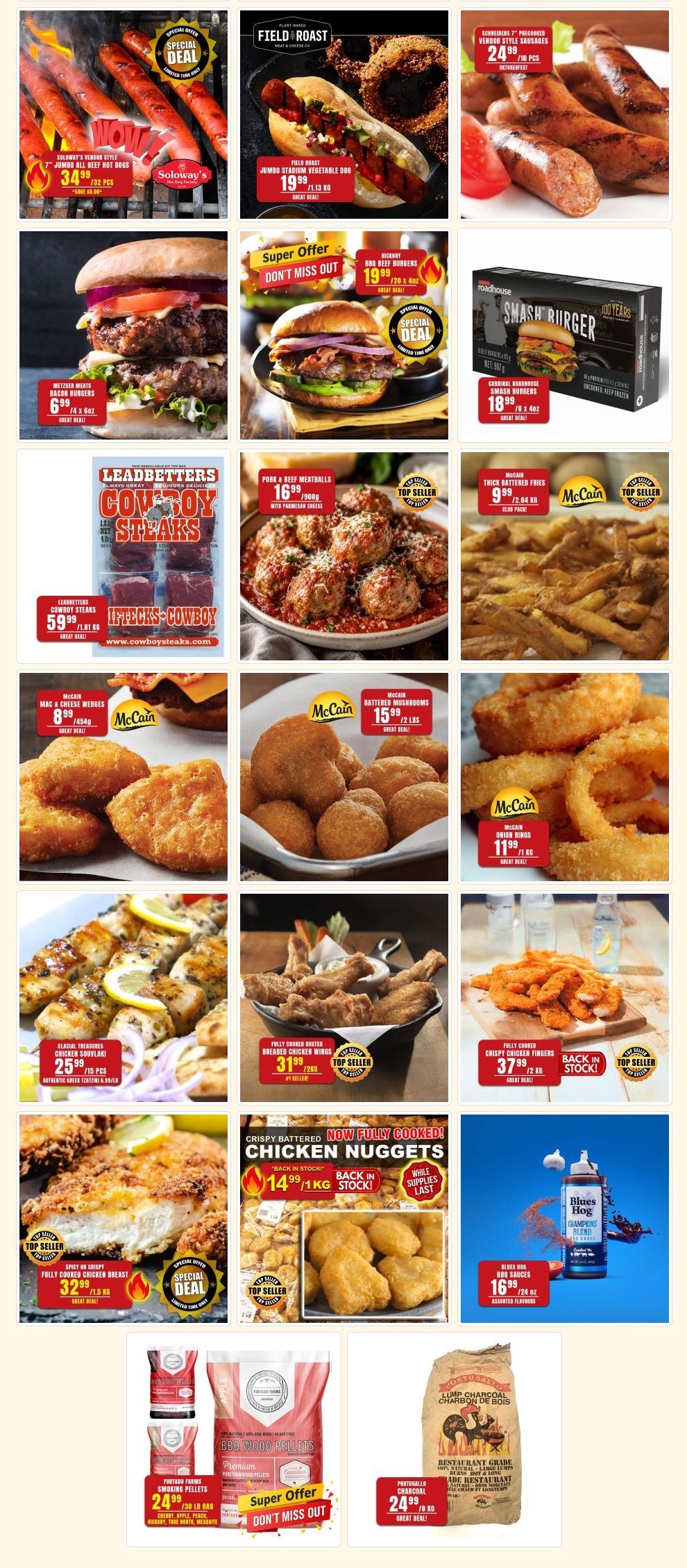 Robert's Quality Fresh Meats weekly flyer specials page 4. Featured items include Soloway's Vendor Style Jumbo All Beef Hot Dogs for $34.99/32 pcs, Field Roast Plant-Based Jumbo Stadium Vegetable Dogs for $19.99/1.13 kg, and Schneiders 7' Precooked Vendor Style Sausages for $24.99/10 pcs. Also on sale are Metzger Meats Bacon Burgers for $6.99/4x6oz, Cardinal Roadhouse Smash Burgers for $18.99/8x4oz, and Leadbetter's Cowboy Steaks for $59.99/1.81 kg. Other deals include Pork & Beef Meatballs for $16.99/900g, McCain Thick Battered Fries for $9.99/2.04 kg, McCain Mac & Cheese Wedges for $8.99/454g, and McCain Battered Mushrooms for $15.99/1.2 lbs. Glaciel Treasures Chicken Souvlaki is $25.99/15 pcs. Fully Cooked Buster Breaded Chicken Wings are $31.99/1kg, and Fully Cooked Crispy Chicken Fingers are $37.99/1.2 kg. Crispy Battered Fully Cooked Chicken Nuggets are on sale for $14.99/1kg. Blues Hog BBQ Sauces are $16.99/24 oz. Fortgros Farms Smoking Pellets are $24.99/30 lb bag in various flavours, and Portugallo Charcoal Restaurant Grade Lump Charcoal is $24.99/8 lb.