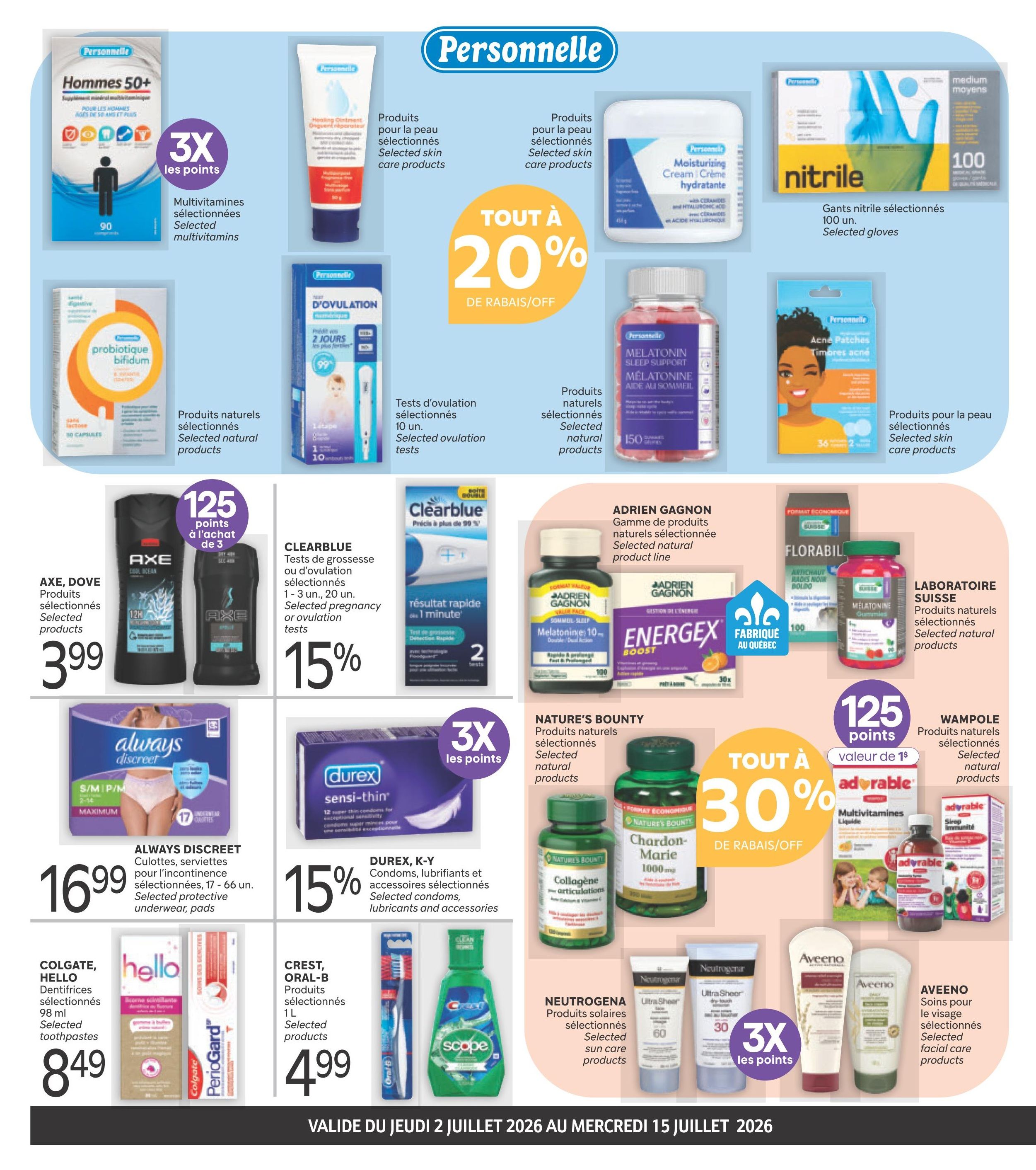 Brunet flyer page 2 features a wide range of health and personal care products. Top row includes Personnelle Hommes 50+ multivitamins with 3X points, Personnelle healing ointment, Personnelle moisturizing cream, and Personnelle nitrile gloves (100 count). Middle row showcases Personnelle probiotic bifidum, Personnelle ovulation tests, Personnelle Melatonin sleep support, and Personnelle acne patches. Also featured are selected skin care products with 20% off. Bottom row highlights Axe and Dove selected products for $3.99, Clearblue pregnancy or ovulation tests with 15% off, Adrien Gagnon selected natural product line, Energex Boost, Laboratoire Suisse selected natural products, Nature's Bounty Chardon-Marie and collagen supplements, and Wampole Adorable multivitamins. Further down, Always Discreet protective underwear and pads are $16.99, Durex, K-Y condoms, lubricants and accessories are 15% off. Colgate and Hello selected toothpastes are $8.49. Crest, Oral-B selected products are $4.99. Neutrogena selected sun care products and Aveeno selected facial care products offer 3X points. The flyer is valid from July 2 to July 15, 2026.