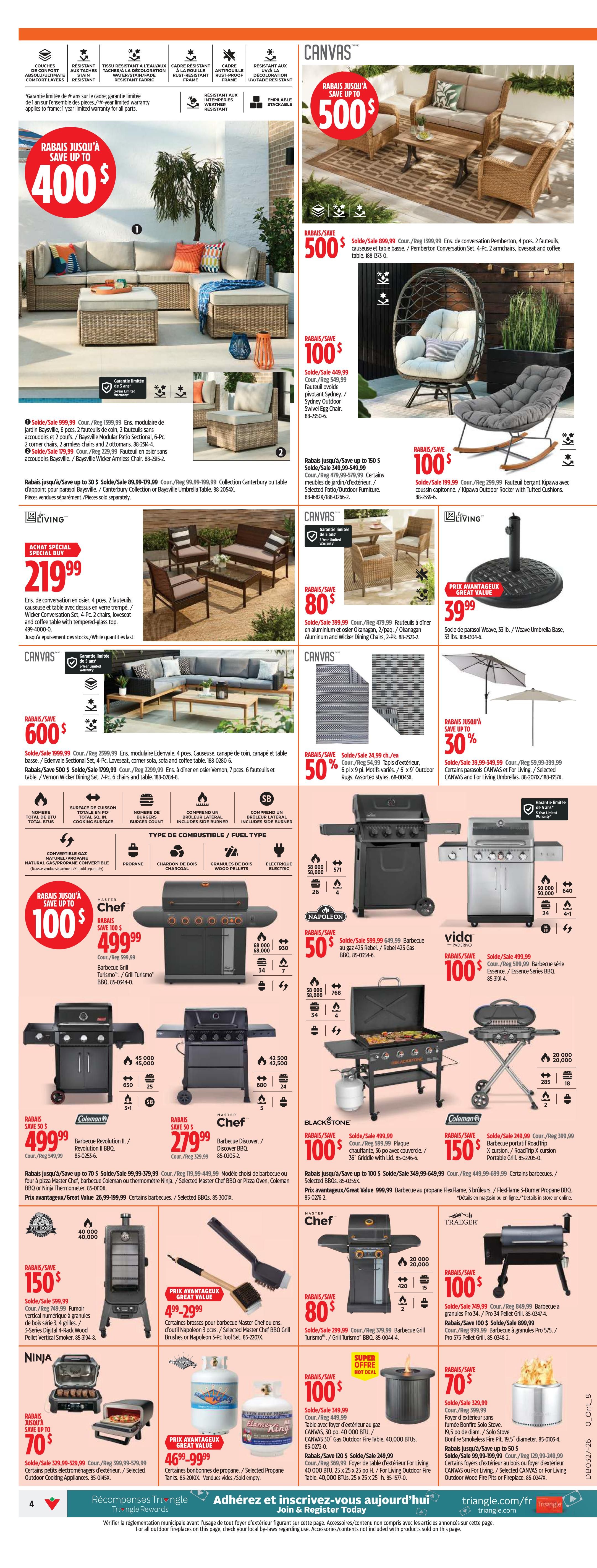 Canadian Tire weekly flyer specials page 4 features a wide selection of outdoor living and cooking items. Save up to $400 on Canvas patio sets, including a large sectional sofa for $400. Save up to $500 on Canvas conversation sets, with a 4-piece Pemberton set for $500 and a Sydney outdoor egg chair for $100. Special buy: a 4-piece wicker conversation set with glass top coffee table is $219.99. Canvas dining sets are on sale, with a 4-piece aluminum and wicker set for $80. Outdoor rugs are 50% off. Grills are prominently featured: Master Chef grills starting at $499.99, including the 'Turismo' model. Coleman Revolution II BBQ is $499.99. Master Chef 'Discover' BBQ is $279.99. Blackstone 36' griddle with lid is $100. Napoleon grills offer 50% off, with the 'Rebel 425' gas BBQ at $500. Vida 'Essence' series BBQ is $100. Traeger Pro 34 pellet grill is $100. Ninja 3-series digital 4-rack wood pellet smoker is $150, and outdoor cooking appliances are up to 70% off. Master Chef BBQ grill brushes and Napoleon 5-piece tool set are $49.99. Propane tanks are $46.99. Outdoor fire pits are on sale, including a Solo Stove Bonfire for $70 and other models starting at $100. A 30-lb propane tank is $100.