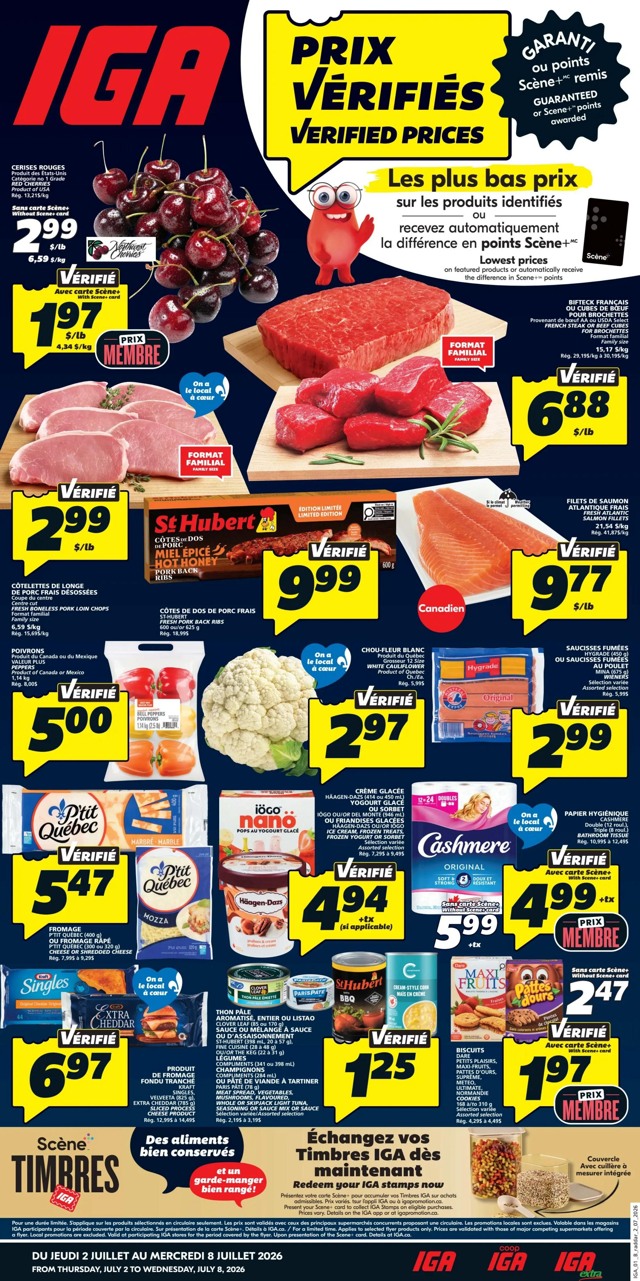 IGA weekly flyer for Quebec, valid from July 2 to July 8, 2026. Featured items include red cherries for $2.99/lb, family size beef steaks for $6.88/lb, and fresh boneless pork loin chops for $2.99/lb. Also on sale are St-Hubert pork back ribs for $9.99, Atlantic salmon fillets for $9.77/lb, bell peppers for $5.00, and white cauliflower for $2.97. Other deals include P'tit Québec marble and mozzarella cheese for $5.47, Häagen-Dazs ice cream or yogurt pops for $4.94 + tax, and Cashmere toilet paper for $5.99 + tax. Also available are Hygrade smoked or regular sausages for $2.99, Iögo nano yogurt for $1.25, and Maxi Fruits cookies for $1.97. The flyer also promotes IGA stamps redemption for discounts.