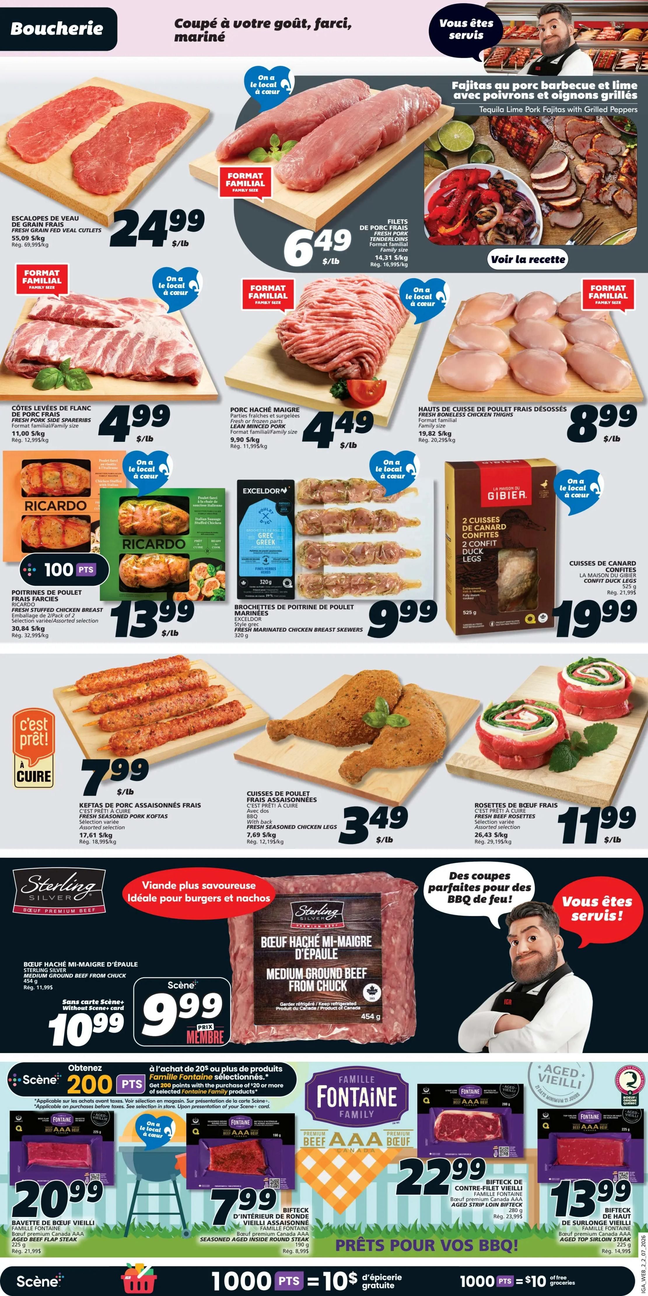 IGA Weekly Flyer Specials Page 4 features a variety of meat products. Top section showcases fresh cuts including Fresh Grain-Fed Veal Cutlets for $24.99/lb, Pork Tenderloin Fillets for $6.49/lb, and Pork Back Ribs for $4.99/lb. Also featured are Lean Minced Pork for $4.49/lb and Fresh Boneless Chicken Thighs for $8.99/lb. Ready-to-cook items include Ricardo Fresh Stuffed Chicken Breast for $13.99, Exceldor Fresh Marinated Chicken Breast Skewers for $9.99, and La Maison du Gibier Confit Duck Legs for $19.99. Other ready-to-cook options are Fresh Seasoned Pork Koftas for $7.99/lb and Fresh Seasoned Chicken Legs for $3.49/lb. The bottom section highlights Sterling Silver Medium Ground Beef from Chuck for $10.99 (with Scene+ card) or $9.99 (member price). Additionally, there are deals on Fontaine Family products: Aged Beef Ribeye Steak for $22.99, Aged Inside Round Steak for $7.99, and Aged Sirloin Steak for $13.99. Earn 200 Scene+ points with the purchase of $20 or more of selected Fontaine Family products. Special offer: 1000 Scene+ points equals $10 off groceries.