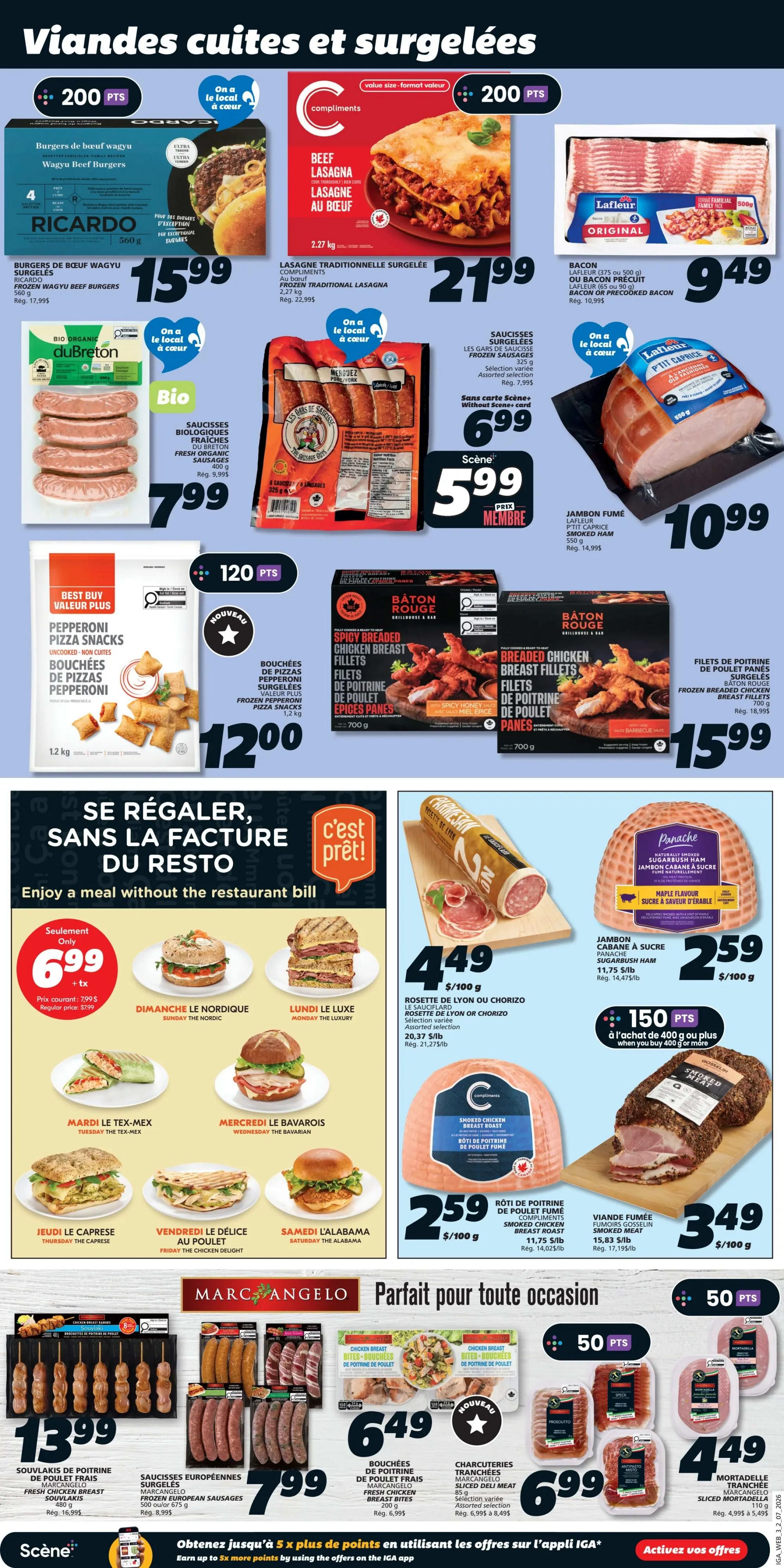 Page 5 of the IGA flyer features a variety of cooked and frozen meats. Highlights include Ricardo Wagyu Beef Burgers for $15.99, Compliments Frozen Traditional Lasagna for $21.99, and Lafleur Original Bacon for $9.49. Also featured are Bio Breton Fresh Organic Sausages for $7.99, Les Bâtons de Saucisse Frozen Sausages for $5.99 (member price, regularly $6.99), and Lafleur P'tit Caprice Smoked Ham for $10.99. New items include Best Buy Value Plus Frozen Pepperoni Pizza Snacks for $12.00 and Bâton Rouge Spicy Breaded Chicken Breast Fillets for $15.99. The flyer also showcases a 'Enjoy a meal without the restaurant bill' section with various sandwiches and wraps like Sunday the Nordic, Monday the Luxury, Tuesday the Tex-Mex, Wednesday the Bavarian, Thursday the Caprese, Friday the Chicken Delight, and Saturday the Alabama, all priced at $6.99 (regularly $7.99). Other featured items are Rosette de Lyon or Chorizo for $4.49/100g, Compliments Smoked Chicken Breast Roast for $2.59/100g, and Viande Fumée Gosselin Smoked Meat for $3.49/100g. The Marc Angelo section offers Chicken Breast Souvlakis for $13.99, Marc Angelo Frozen European Sausages for $7.99, Marc Angelo Frozen Chicken Breast Bites for $6.49, and Sliced Deli Meat for $6.99. Finally, Mortadella Sliced Mortadella is available for $4.49. The page also promotes earning points with the IGA app.