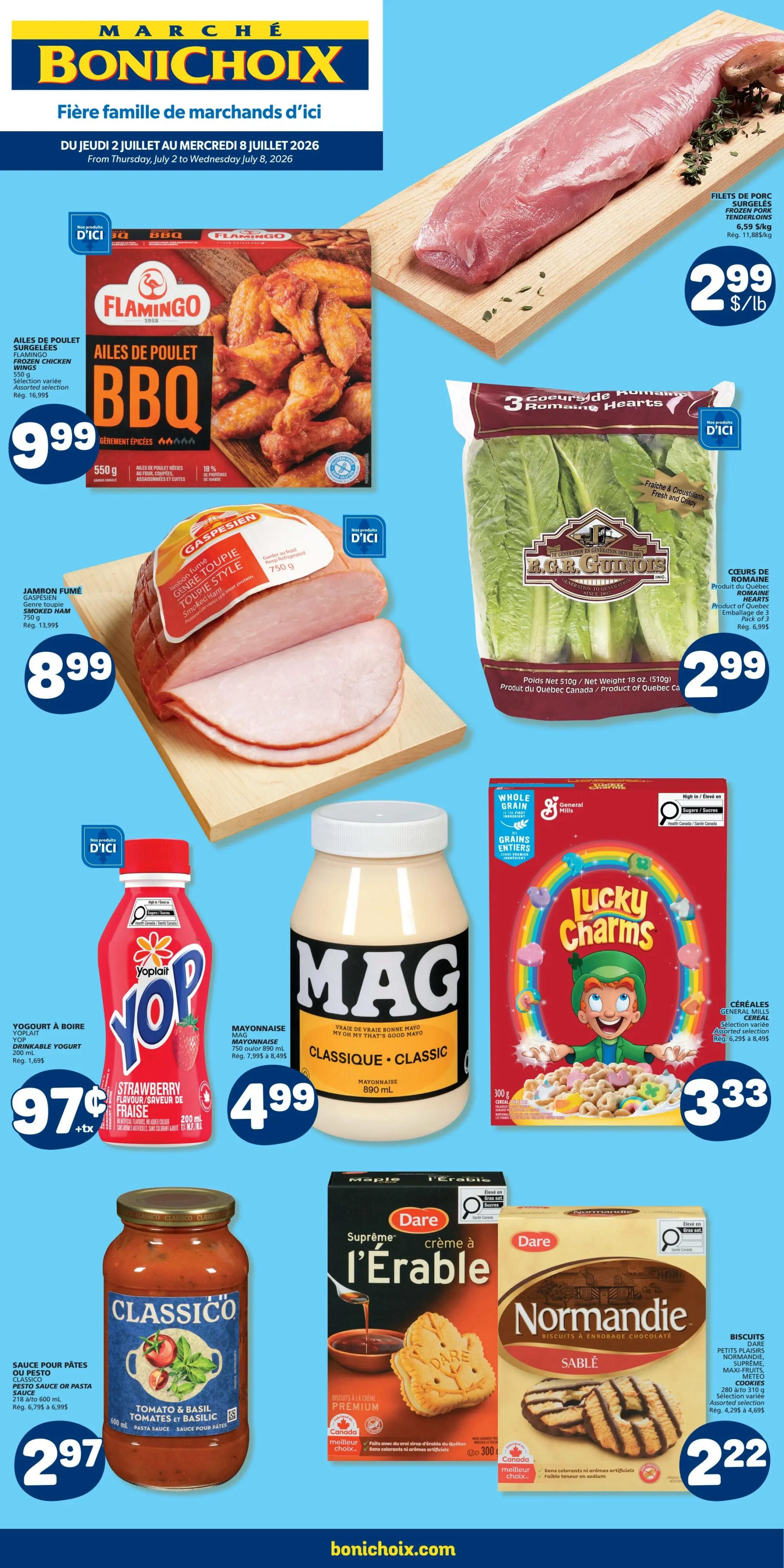 Marché Bonichoix flyer page 1 features Flamingo BBQ chicken wings for $9.99, frozen pork tenderloin for $2.99/lb, and Gaspesien smoked ham for $8.99. Also available are Yop drinkable yogurt for $0.97 + tax, Mag mayonnaise for $4.99, and R.G.R. Guinois Romaine hearts for $2.99. Cereal options include General Mills Lucky Charms for $3.33. For pasta lovers, Classico Tomato & Basil pasta sauce is $2.97. Sweet treats include Dare Maple Supreme cookies for $2.22 and Dare Normandie chocolate enrobed biscuits for $2.22.