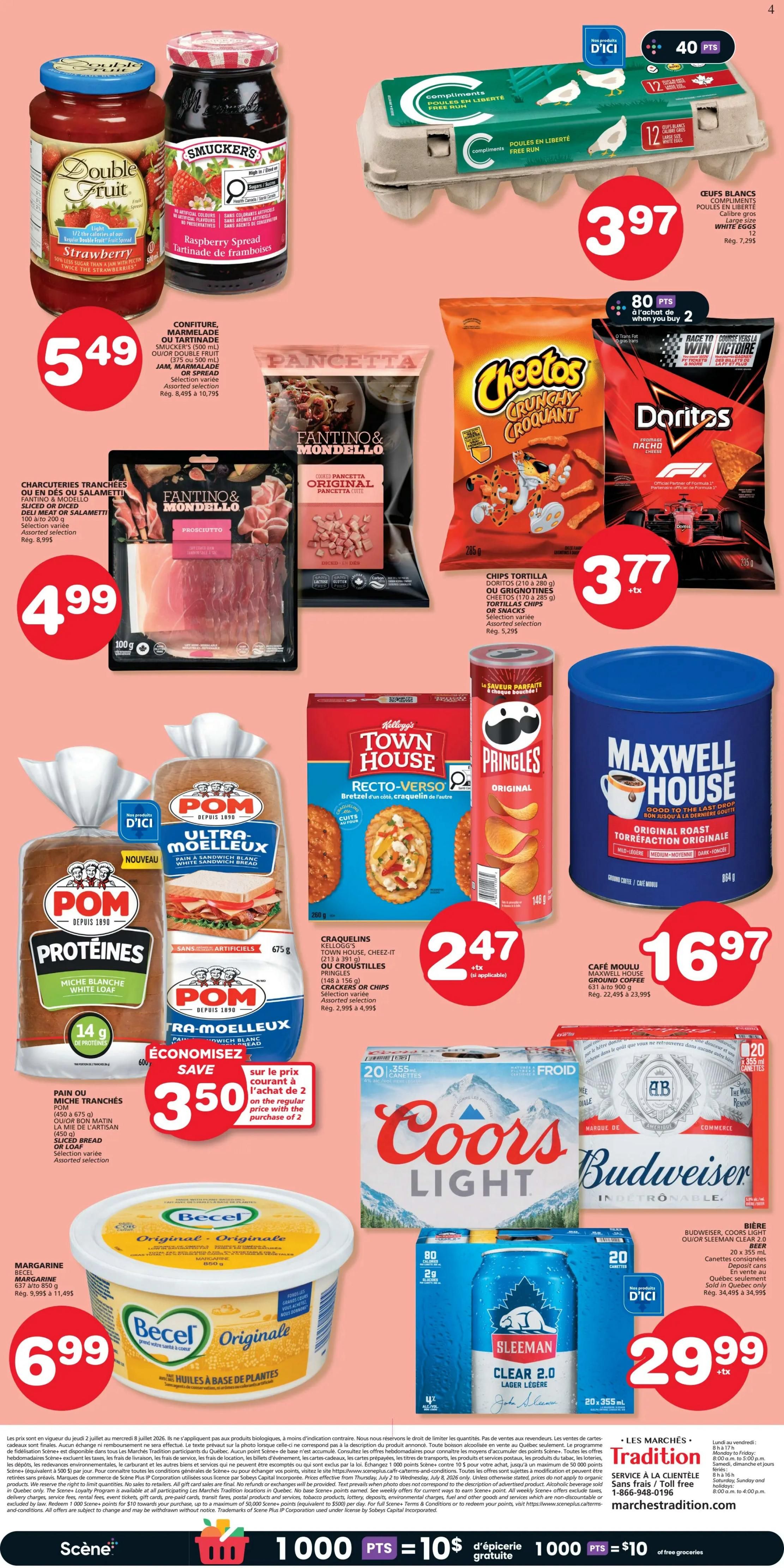 Marchés Tradition weekly flyer specials page 2, featuring Double Fruit Strawberry Jam for $5.49, Smucker's Raspberry Spread for $5.49, Fantino & Mondello Pancetta for $4.99, Compliments Large Size White Eggs for $3.97, Cheetos Crunchy Croquant and Doritos Nacho Cheese Tortilla Chips for $3.77, Kellogg's Town House Crackers and Pringles Original Chips for $2.47, POM White Sandwich Bread and Protein White Loaf for $3.50 when you buy 2, Maxwell House Original Roast Coffee for $16.97, Becel Original Margarine for $6.99, and Coors Light and Budweiser Beer 20-packs for $29.99. The page also highlights 1000 Scene points for $10 of groceries.