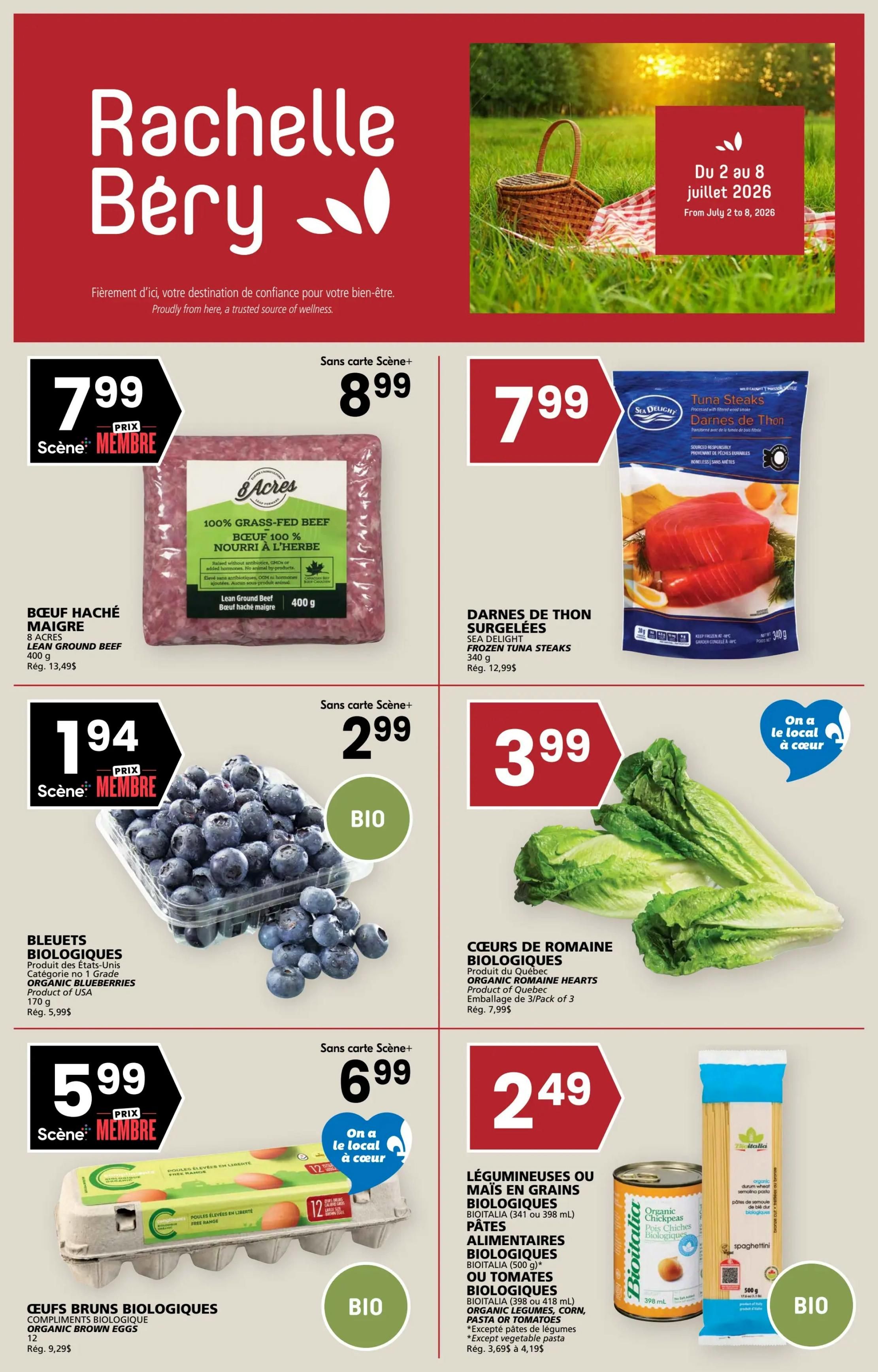 Rachelle Béry flyer featuring weekly specials from July 2 to July 8, 2026. This page highlights 8 Acres Lean Ground Beef for $7.99 (regularly $13.49), Sea Delight Frozen Tuna Steaks for $7.99 (regularly $12.99), and Organic Blueberries for $1.94 (regularly $5.99). Also featured are Organic Romaine Hearts for $3.99 (regularly $7.99), Organic Brown Eggs for $5.99 (regularly $9.29), and Bioitalia Organic Legumes or Grains like Chickpeas, Pasta, or Tomatoes for $2.49 (regularly $3.69 to $4.19).