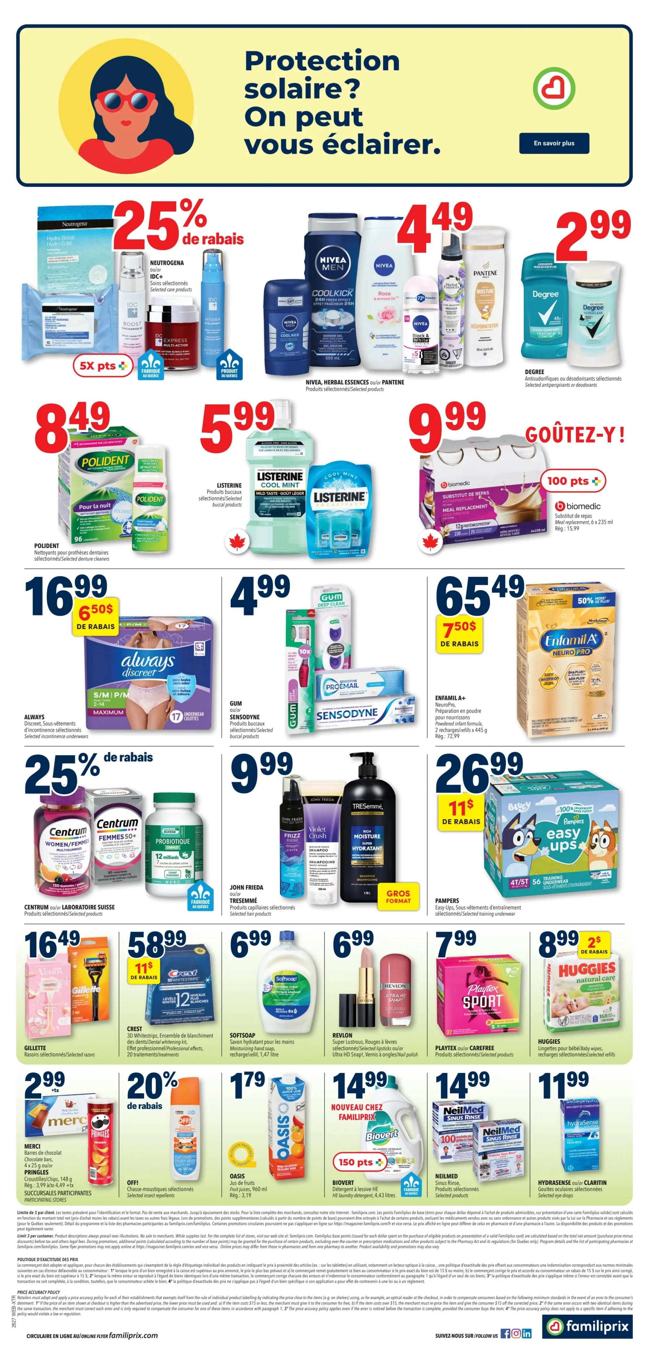 Familiprix flyer page 2 features a 'Sun protection? We can light you up!' promotion. Offers include Neutrogena products with 25% off, Nivea, Herbal Essences, and Pantene hair care for $4.49, and Degree antiperspirants for $2.99. Polident denture cleaners are $8.49. Listerine mouthwash is $5.99. Biomec meal replacement shakes are $9.99 with 100 bonus points. Always Discreet incontinence underwear is $16.99 with a $6.50 discount. Gum and Sensodyne oral care products are $4.99. Enfamil A+ Neuro Pro formula is $65.49 with a $7.50 discount and 50% off. Centrum Women/Femmes Multivitamins and Probiotic+ are on sale. John Frieda hair care and Tresemmé shampoo are $9.99. Pampers Easy Ups training pants are $26.99 with an $11 discount. Gillette razors are $16.49. Crest 3D Whitestrips are $58.99 with an $11 discount. Softsoap hand soap is $6.99. Revlon Super Lustrous lipsticks are $6.99. Playtex Sport tampons are $7.99. Huggies natural care baby wipes are $8.99 with a $2 discount. Oasis juice is $1.79. Biovert laundry detergent is $14.99 with 150 bonus points. Neilmed sinus rinse products are $11.99. Hydrasense eye drops are $11.99.