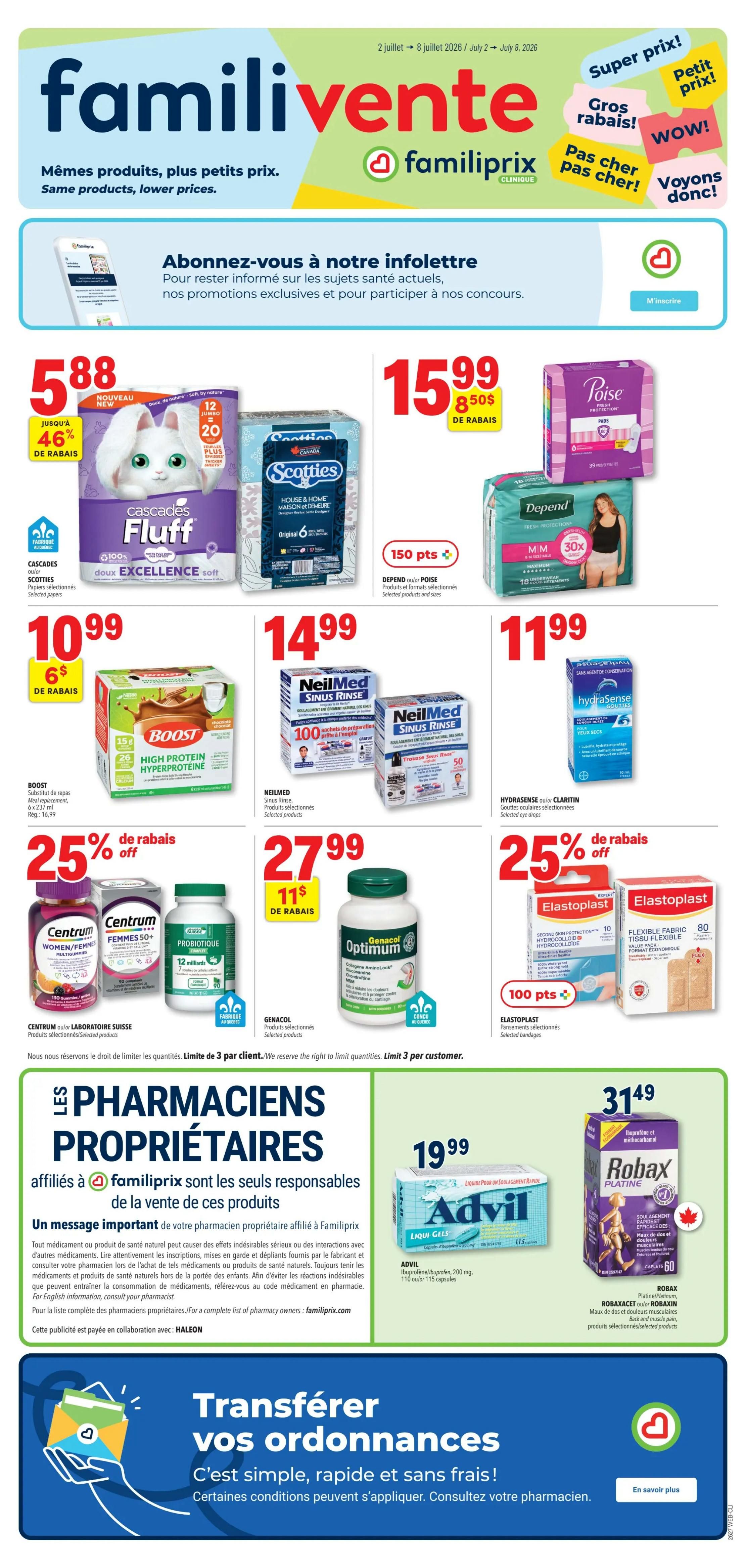 Familiprix flyer page 1 featuring 'Same products, lower prices'. Top offers include Cascades Fluff toilet paper for $5.88 with up to 46% off, Scotties House & Home facial tissues for $15.99 with $8.50 off, and Poise pads and Depend underwear starting at $15.99 with 150 bonus points. Also featured are Boost High Protein meal replacement shakes, 6 x 237 ml, for $10.99 with $6 off, NeilMed Sinus Rinse products for $14.99, and Hydrasense Claritin eye drops for $11.99. Centrum Women/Femmes Multivitamins and Centrum Femmes 50+ Multivitamins are on sale for $27.99 with $11 off, alongside Genacol Optimum for $27.99. Elastoplast flexible fabric bandages, 80 count, are available for $25% off with 100 bonus points. Lower down, Advil Liqui-Gels, 200 mg, 110 capsules, are priced at $19.99, and Robax Platinum/Robax muscle pain relief capsules, 60 count, are $31.49. The page also promotes signing up for the Familiprix newsletter and highlights 'Our Pharmacists Owners' and a service to transfer prescriptions.