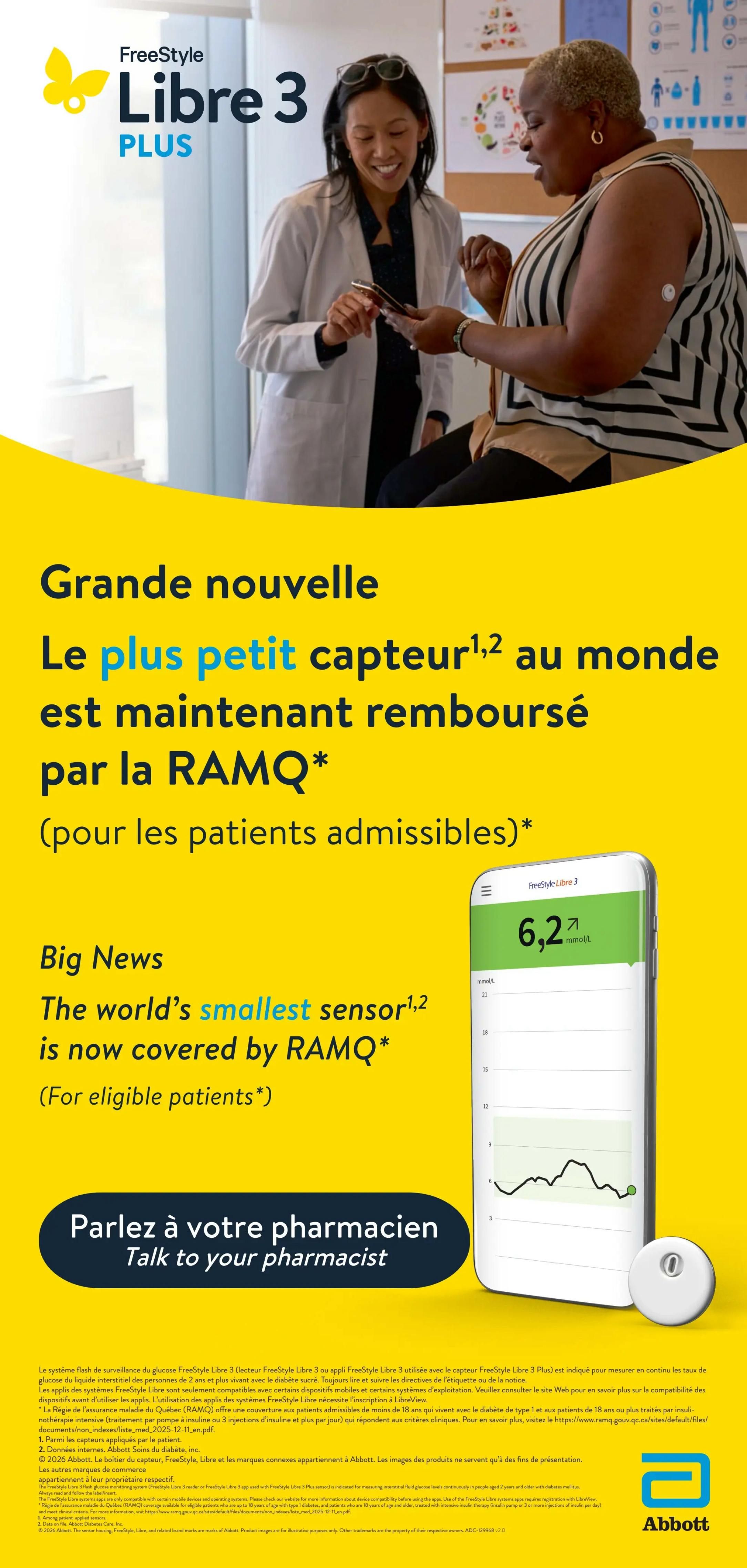 Familiprix flyer page 4 features the Freestyle Libre 3 Plus, the world's smallest glucose sensor, now covered by RAMQ for eligible patients. The page includes an image of two women interacting with a smartphone displaying glucose readings from the sensor. Text highlights 'Big News: The world's smallest sensor is now covered by RAMQ* (For eligible patients*)' and 'Talk to your pharmacist'. The bottom section provides detailed information and disclaimers regarding the Freestyle Libre 3 system and RAMQ coverage, along with the Abbott logo.