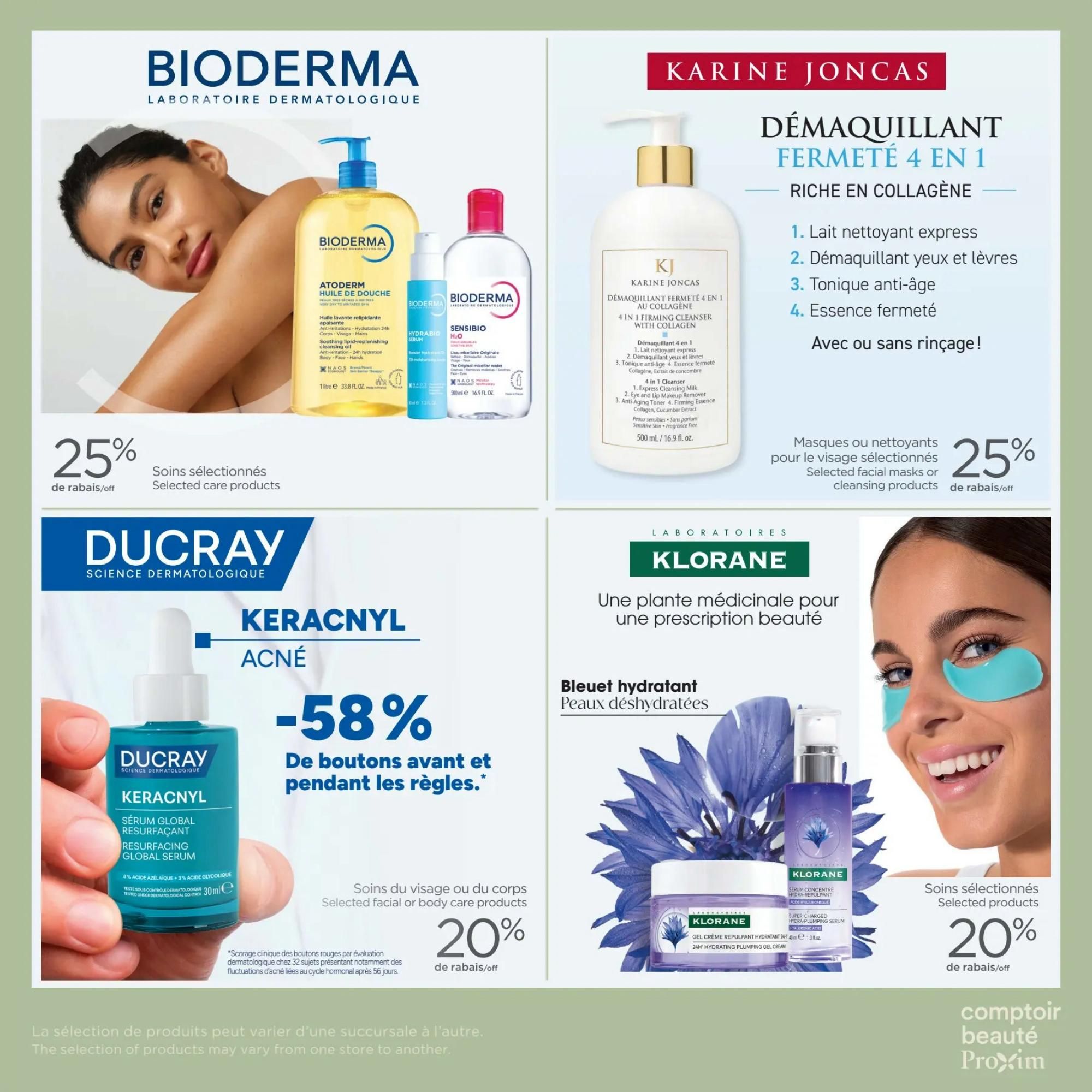 Proxim flyer page 6 features skincare specials. Bioderma offers 25% off selected care products, including Atoderm Huile de Douche cleansing oil and Sensibio H2O micellar water. Karine Joncas presents a 4-in-1 firming cleanser with collagen, with 25% off selected facial masks or cleansing products. Ducray Keracnyl offers 58% off selected facial or body care products, featuring the Resurfacing Global Serum. Klorane highlights its hydrating blue cornflower line for dehydrated skin, with 20% off selected products, including the Super-Charged Hydra-Plumping Serum and 24H Hydrating Plumping Gel Cream. The bottom of the page notes that product selection may vary by store.