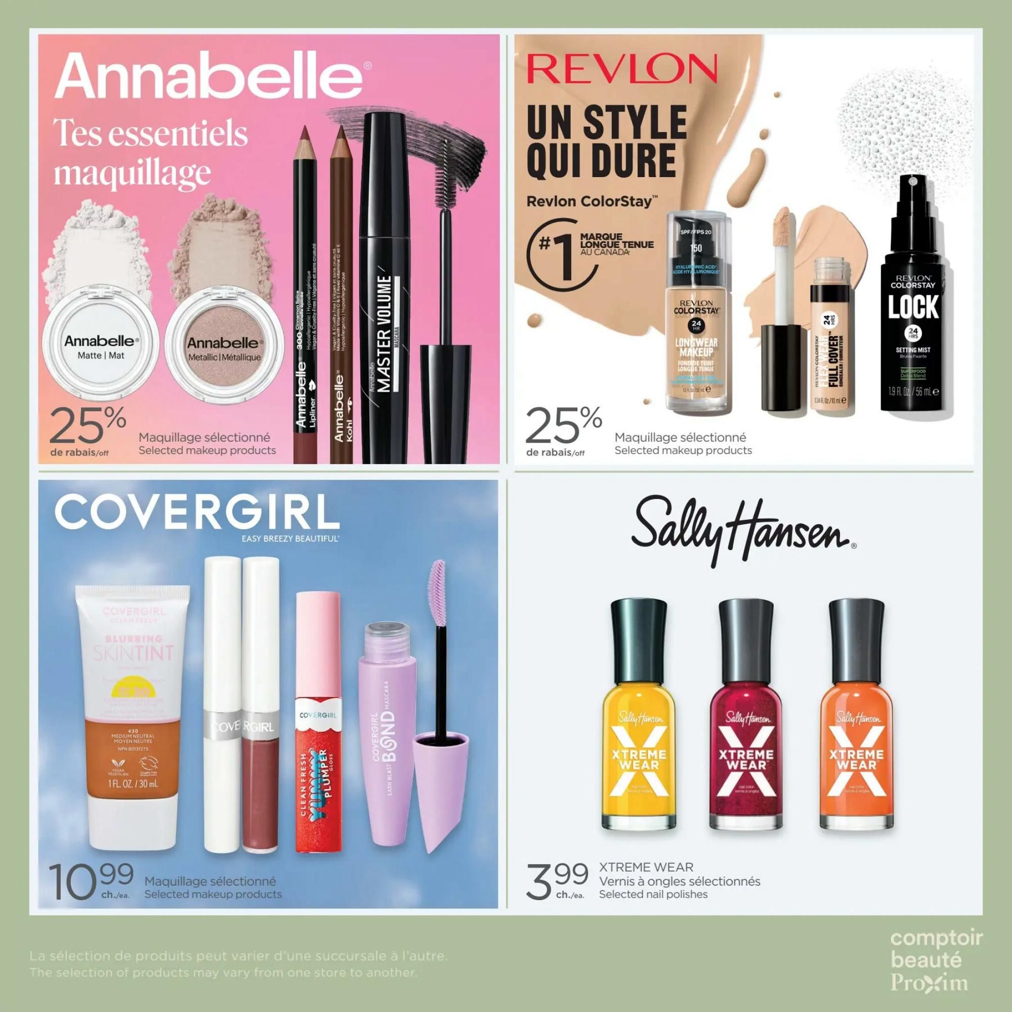 Proxim Weekly Flyer Specials, Page 8. Features Annabelle makeup products with 25% off selected items, including Annabelle Matte and Metallic powders, Master Volume mascara, and lipliner. Also showcases Revlon ColorStay Longwear Makeup foundation and setting mist, with 25% off selected makeup products. Covergirl makeup is available for $10.99 each, featuring Blurring Skintint, Clean Fresh Lip Oil, and Lash Blast Volume mascara. Sally Hansen Xtreme Wear nail polishes are on sale for $3.99 each. The selection of products may vary from one store to another.
