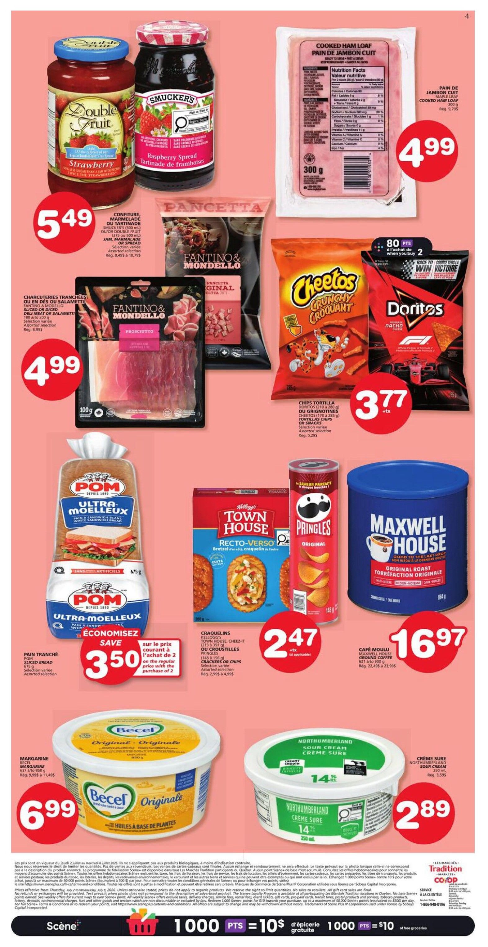 Marchés Tradition flyer page 2 features Double Fruit Strawberry Jam and Smucker's Raspberry Jam for $5.49. Fantino & Mondello Pancetta is available for $4.99. Cooked Ham Loaf is priced at $4.99. Cheetos Crunchy, Doritos Nacho Cheese, and other chips are on sale for $3.77 plus tax. POM Ultra-Molleux White Sandwich Bread is $3.50 when you buy 2. Kellogg's Town House Recto-Verso Crackers and Pringles Original chips are $2.47 plus tax. Maxwell House Original Roast Coffee is $16.97. Becel Original Margarine is $6.99. Northumberland Sour Cream is $2.89. The flyer also highlights Scene+ points offers.