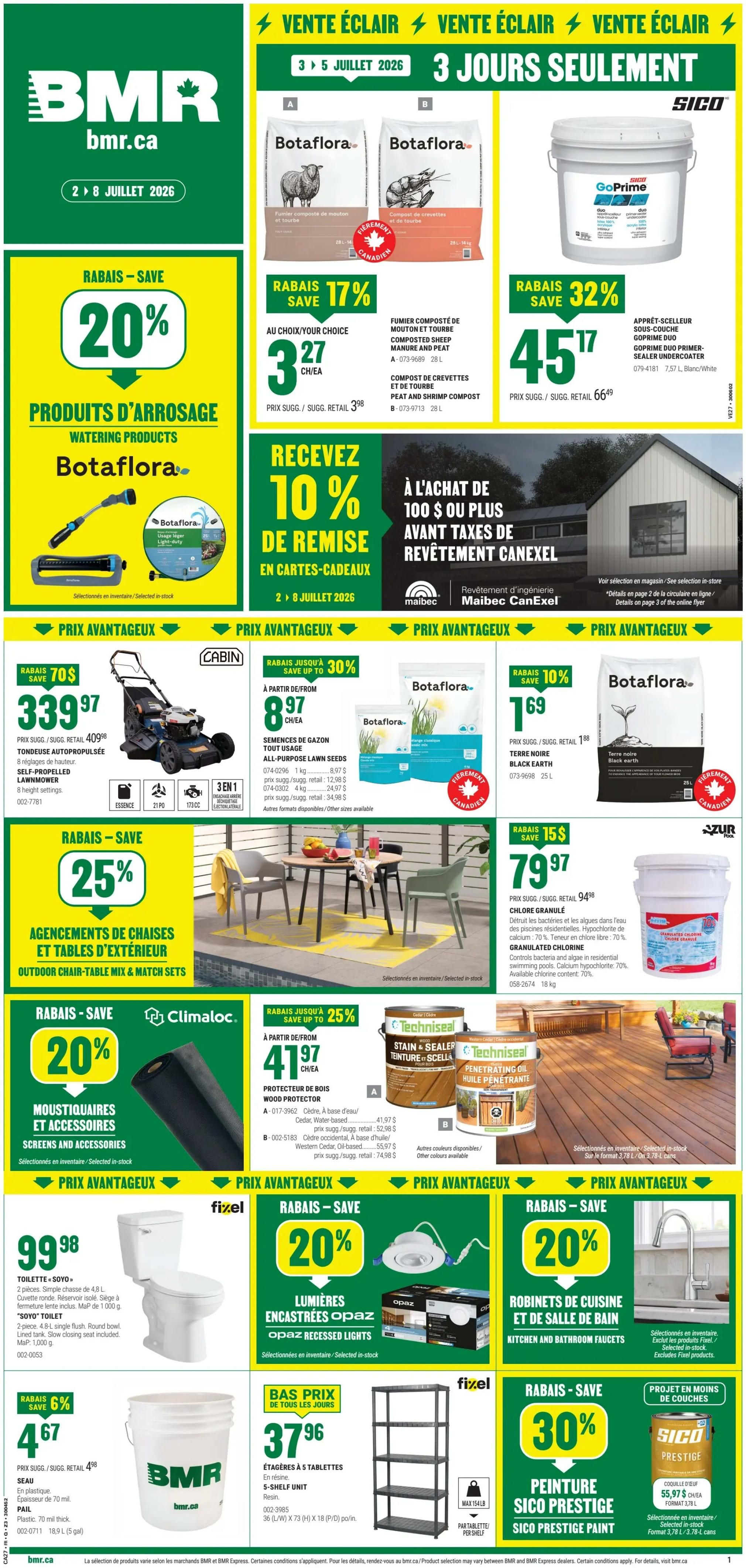 BMR Weekly Flyer Specials, Page 1. Featured products include Botafiora Composted Sheep Manure and Peat for $3.27, and Botafiora Peat and Shrimp Compost for $3.27, both on sale for 17% off. Also available is SICO GoPrime Duo Primer-Sealer Undercoater for $45.17, a 32% saving. Get 10% off gift cards on purchases of $100 or more before taxes on Maibec CanExel siding. Save $70 on a Botafiora Self-Propelled Lawnmower for $339.97. Botafiora All-Purpose Lawn Seeds are on sale for $8.97/kg, with other sizes available. Botafiora Black Earth is $1.69 for a 25L bag. Save 25% on Outdoor Chair-Table Mix & Match Sets. Save 20% on Climloc Screens and Accessories. Techniseal Wood Protector is on sale for $41.97 for Cedar-based and $55.97 for Western Cedar-based. Save 15% on Granulated Chlorine for $79.97. Opaz Recessed Lights are 20% off. Kitchen and Bathroom Faucets are also 20% off. BMR 5-Shelf Unit is $37.96. Finally, SICO Prestige Paint is 30% off, priced at $55.97 for a 3.78L can.