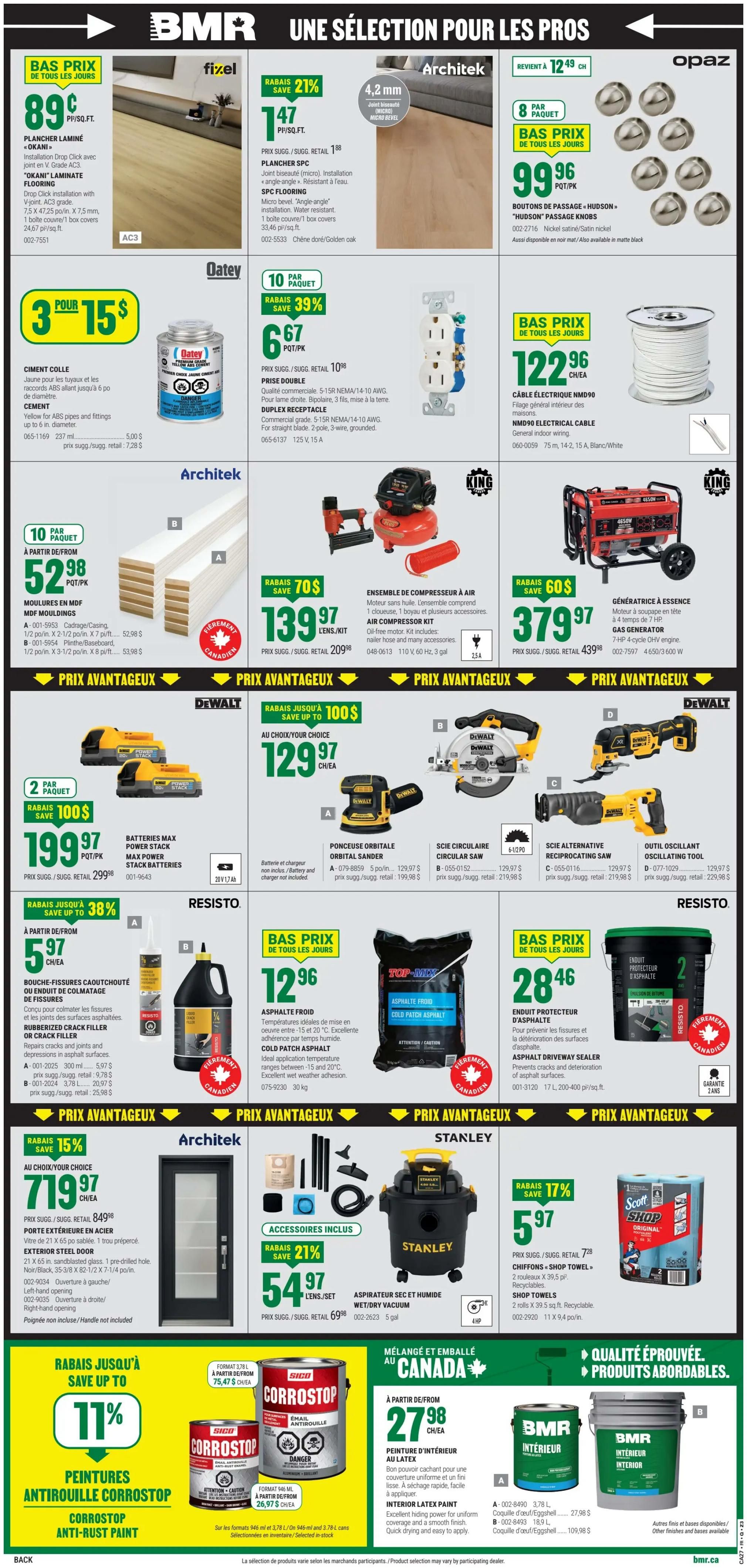 BMR Weekly Flyer Specials Page 2 features a selection of products for professionals. Highlights include Fixel Laminate Flooring at $0.89/sq.ft., Architek SPC Flooring at $1.47/sq.ft. with a 21% discount, and Opaz Hudson Cabinet Knobs for $99.96/pack. Also featured are Oatey Cement for $3/15$, a 10-pack of Duplex Receptacles for $6.67/pack with a 39% discount, and 75m of NMD90 Electrical Cable for $122.96/each. For power tools and equipment, find a 10-pack of Architek MDF Mouldings starting at $52.98/pack, an Air Compressor Kit for $139.97/kit with a $70 discount, and a Gas Generator for $379.97/each with a $60 discount. DeWalt offers a selection of tools including a 2-pack of Power Stack Batteries for $199.97/pack with a $100 discount, an Orbital Sander for $129.97/each, a Circular Saw for $129.97/each, and a Reciprocating Saw for $129.97/each. Resisto features Rubberized Crack Filler for $5.97/each with up to 38% savings and Asphalt Driveway Sealer for $28.46/container. Architek offers an Exterior Steel Door for $719.97/each with a 15% discount. Stanley presents a Wet/Dry Vacuum for $54.97/set with a 21% discount. Other items include Top-Mix Cold Patch Asphalt for $12.96/bag and Scott Shop Towels for $5.97/pack with a 17% discount. Additionally, Corrostop Anti-Rust Paint is available with savings up to 11%, and BMR Interior Latex Paint is offered starting at $27.98/container.