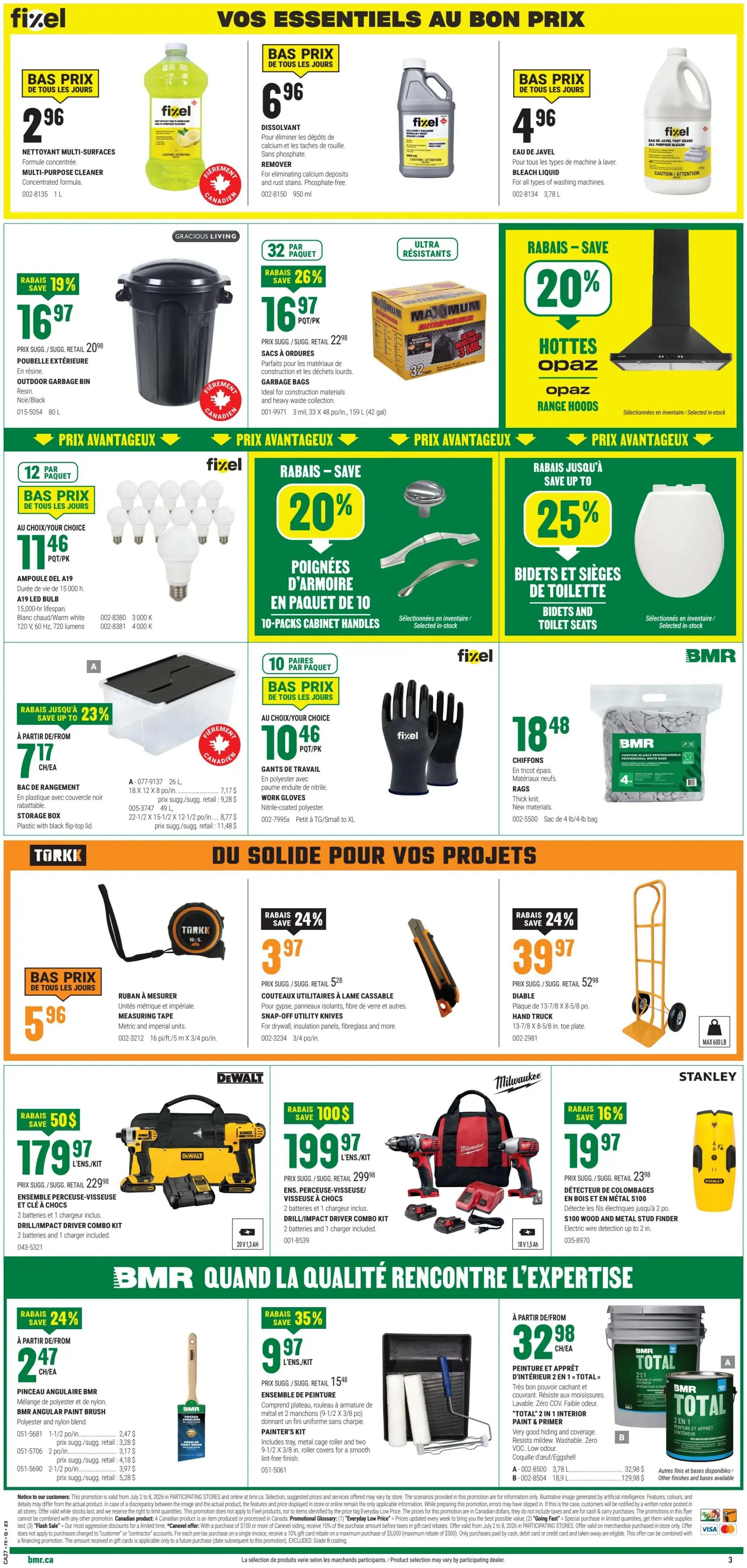 BMR Weekly Flyer Specials, Page 4. Featured items include Fixel Multi-Purpose Cleaner for $2.96, Fixel Dissolvant for $6.96, and Fixel Bleach Liquid for $4.96. Also on sale are Garbage Bags for $16.97 (save 26%), and Maximum 32-pack Garbage Bags for $16.97. Lighting deals include 12-pack A19 LED Bulbs for $11.46. Cabinet hardware is on sale with 10-packs of Cabinet Handles for 20% off, and Bidets and Toilet Seats with up to 25% off. Work Gloves are available for $10.46, and Chiffons/Rags are $18.48. For DIY projects, get a Torkk Measuring Tape for $5.96, Snap-off Utility Knives for $3.97 (save 24%), and a Hand Truck for $39.97 (save 24%). Power tool deals include a DeWalt Drill/Impact Driver Combo Kit for $179.97 (save $50), a Milwaukee Drill/Impact Driver Combo Kit for $199.97 (save $100), and a Stanley Wood and Metal Stud Finder for $19.97 (save 16%). Additional offers include BMR Angular Paint Brush for $7.17 (save 24%) and a Painter's Kit for $9.97 (save 35%). Also featured is BMR Total 2-in-1 Interior Paint + Primer, with 3.78L for $32.98 and 18.9L for $129.98.