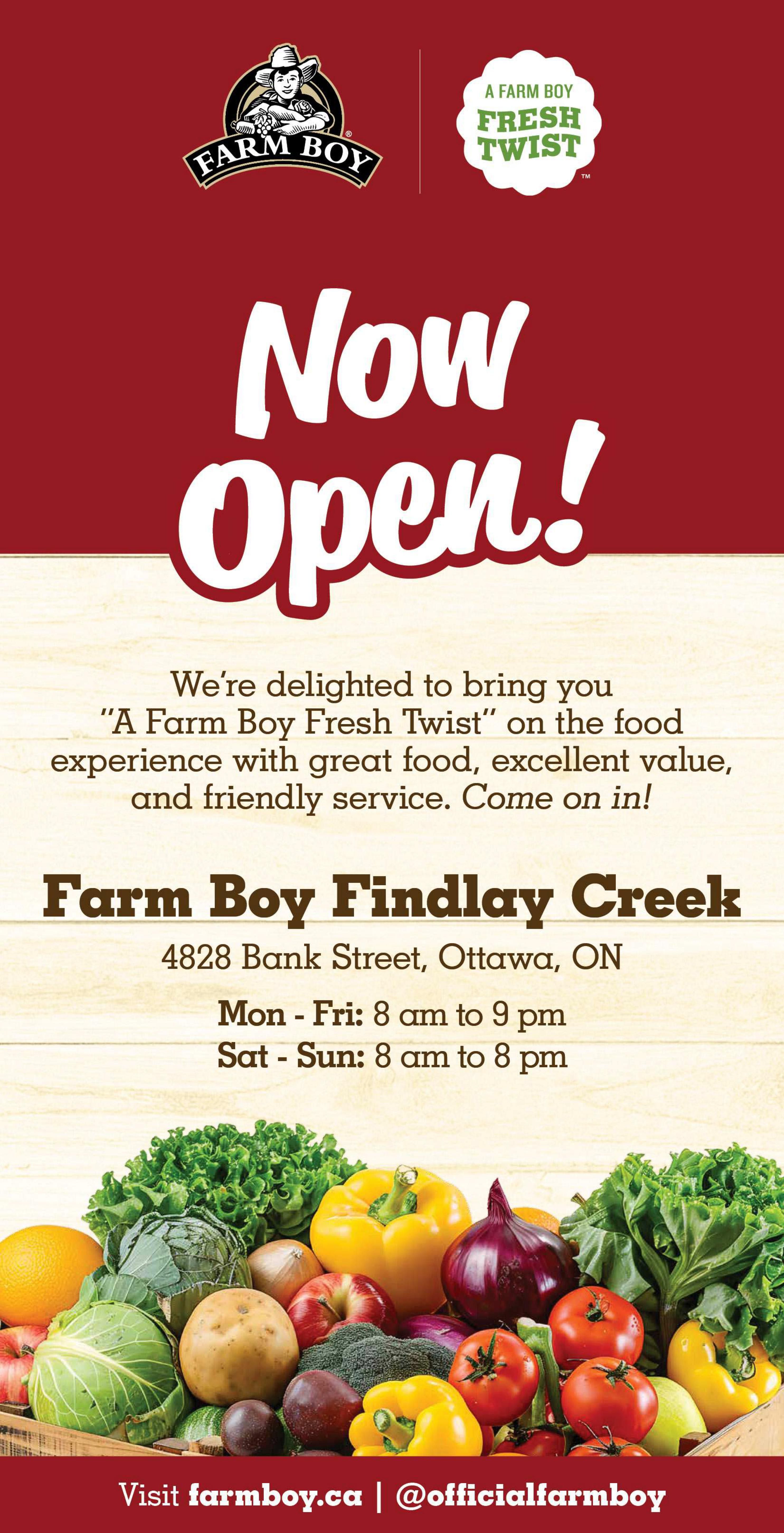 Farm Boy flyer announcing the grand opening of their new Findlay Creek location at 4828 Bank Street, Ottawa, ON. The store is open Monday to Friday from 8 am to 9 pm and Saturday to Sunday from 8 am to 8 pm. The page features a vibrant display of fresh produce including lettuce, yellow bell peppers, red onions, oranges, cabbage, potatoes, apples, broccoli, and tomatoes. It also highlights the 'Farm Boy Fresh Twist' experience, emphasizing great food, value, and friendly service. Visit farmboy.ca or follow @officialfarmboy on social media.