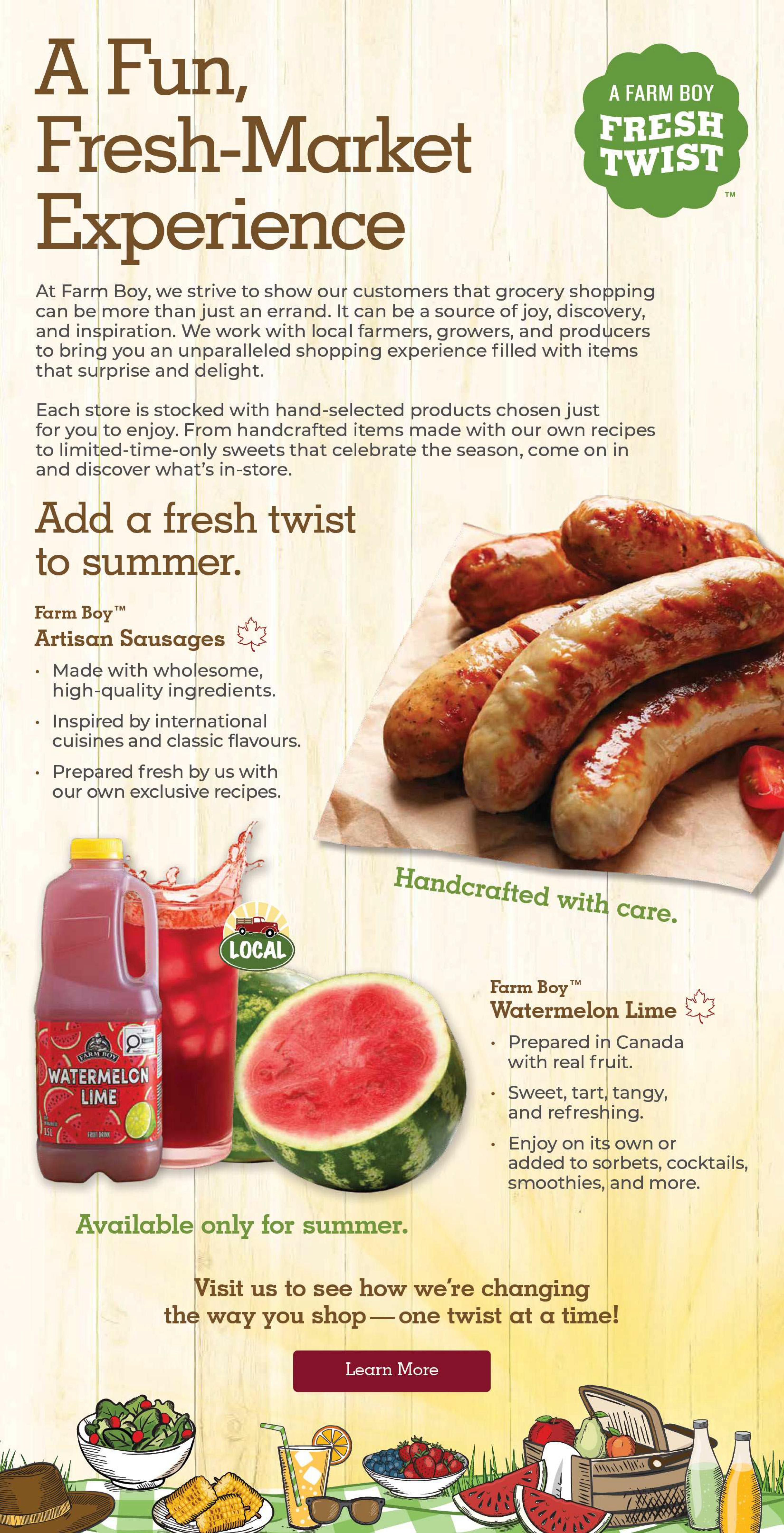 Farm Boy weekly flyer specials page 9, featuring a 'Fun, Fresh-Market Experience' theme. Highlights include Farm Boy Artisan Sausages, made with wholesome, high-quality ingredients, inspired by international cuisines and classic flavours, and prepared fresh with exclusive recipes. Also featured is Farm Boy Watermelon Lime drink, prepared in Canada with real fruit, described as sweet, tart, tangy, and refreshing, perfect for enjoying on its own or in sorbets, cocktails, and smoothies. This drink is available only for summer. The page encourages visitors to 'Learn More' about how Farm Boy is changing the shopping experience. The page also includes imagery of summer foods like corn on the cob, fruit salads, berries, and watermelon.