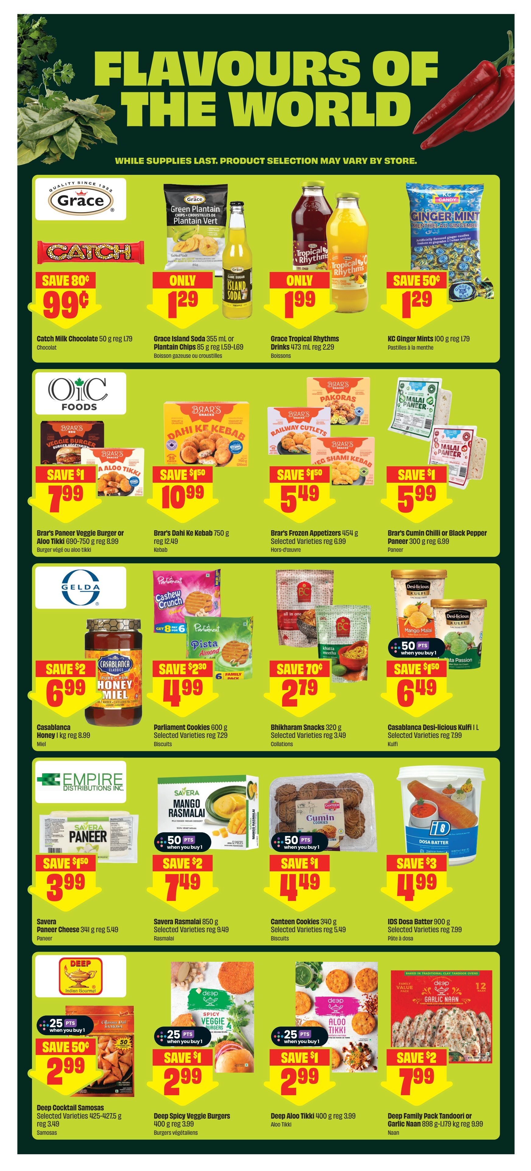FreshCo Ontario weekly flyer specials, page 9. Featured items include Catch Milk Chocolate 50 g for only $0.99 (save $0.80), Grace Island Soda 355 ml or Plantain Chips 85 g for $1.29, Grace Tropical Rhythms Drinks 473 ml for $1.99, and KC Ginger Mints 100 g for $1.29 (save $0.50). Also available are Brar's Paneer Veggie Burger or Aloo Tikki 690-750 g for $7.99 (save $1), Brar's Dahi Ke Kebab 750 g for $10.99 (save $1.50), Brar's Frozen Appetizers 454 g for $5.49 (save $1.50), and Brar's Cumini Chilli or Black Pepper Paneer 300 g for $5.99 (save $1). Casablanca Honey 1 kg is $6.99 (save $2), Parliament Cookies 600 g are $4.99 (save $2.30), Bhikharam Snacks 320 g are $2.79 (save $0.70), and Casablanca Desi-licious Kulfi 1 L are $6.49 (save $1.50). Savera Paneer Cheese 341 g is $3.99 (save $1.50), Savera Rasmalai 850 g is $7.49 (save $2), Canteen Cookies 340 g are $4.49 (save $1), and IDS Dosa Batter 900 g is $4.99 (save $3). Deep Cocktail Samosas 425-427.5 g are $2.99 (save $0.50), Deep Spicy Veggie Burgers 400 g are $2.99 (save $1), Deep Aloo Tikki 400 g are $2.99 (save $1), and Deep Family Pack Tandoori or Garlic Naan 898 g - 1.179 kg are $7.99 (save $2).