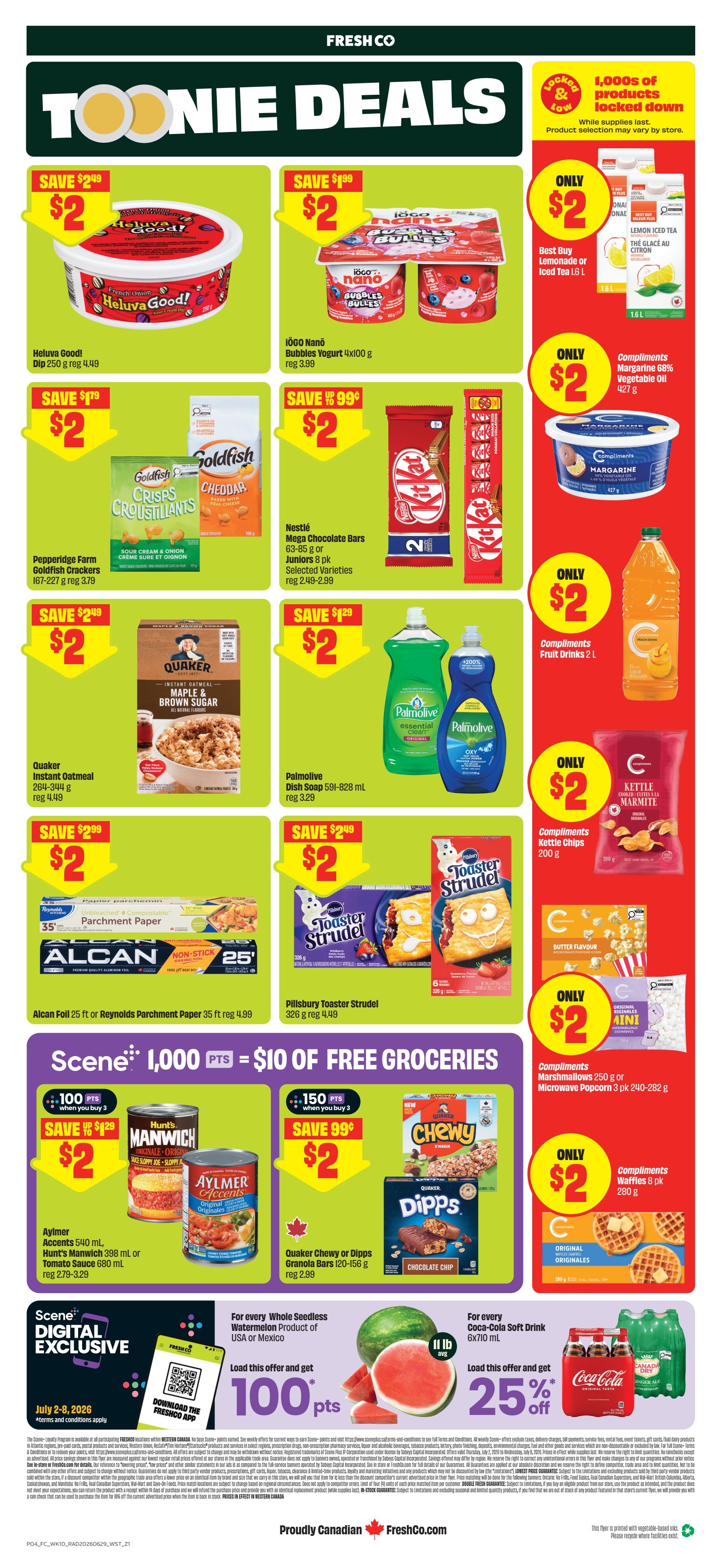 FreshCo weekly flyer specials page 2 features 'Toonie Deals' with many products on sale for $2. Featured items include Heluva Good! Dip for $2 (save $2.49), IÖGO Nanö Bubbles Yogurt 4x100g for $2 (save $1.99), Pepperidge Farm Goldfish Crackers 167-227g for $2 (save $1.79), Nestlé Mega Chocolate Bars 63-85g or Juniors 8 pk for $2 (save $0.99), Quaker Instant Oatmeal 264-344g for $2 (save $2.49), and Palmolive Dish Soap 591-828 mL for $2 (save $1.29). Also on sale for $2 are Alcan Foil 25 ft or Reynolds Parchment Paper 35 ft, and Pillsbury Toaster Strudel 326g. On the right side, save $2 on Best Buy Lemonade or Iced Tea 1.6 L, Compliments Margarine 68% Vegetable Oil 427g for $2, Compliments Fruit Drinks 2 L for $2, Compliments Kettle Chips 200g for $2, Compliments Marshmallows 250g or Microwave Popcorn 3 pk for $2, and Compliments Waffles 8 pk for $2. Scene+ members can earn 100 bonus points when buying Whole Seedless Watermelon, or 25% off Coca-Cola Soft Drinks 6x710 mL. Additionally, save up to $1.29 on Aylmer Accents 540 mL, Hunt's Manwich 398 mL, or Tomato Sauce 680 mL for $2. Earn 150 Scene+ points when buying 3, and save $0.99 on Quaker Chewy or Dipps Granola Bars 120-156 g for $2.