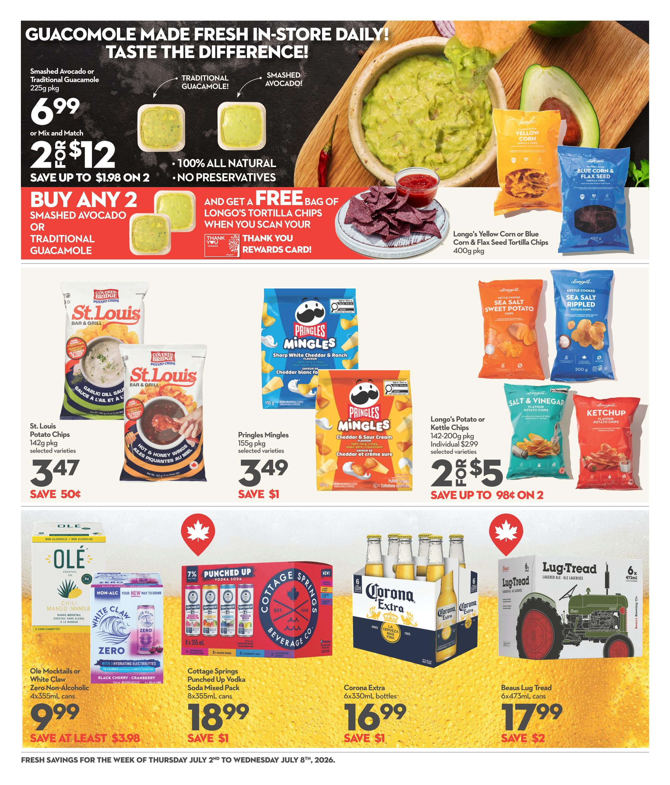 Garden Foods weekly flyer specials page 15 features a promotion on Smashed Avocado or Traditional Guacamole for $6.99, or buy any 2 and get a free bag of Longo's Tortilla Chips when you scan your Thank You Rewards Card. Also featured are St. Louis Potato Chips 142g pkg for $3.47, saving 50 cents, and Pringles Mingles 155g pkg for $3.49, saving $1. Longo's Kettle Cooked Potato Chips 142-200g pkg are 2 for $5, saving up to 98 cents. Ole Mocktails or White Claw Zero Non-Alcoholic 4x355ml cans are $9.99, saving at least $3.98. Cottage Springs Punched Up Vodka Soda Mixed Pack 8x355ml cans are $18.99, saving $1. Corona Extra 6x330ml bottles are $16.99, saving $1. Beaus Lug Tread Lagered Ale 6x473ml cans are $17.99, saving $2.