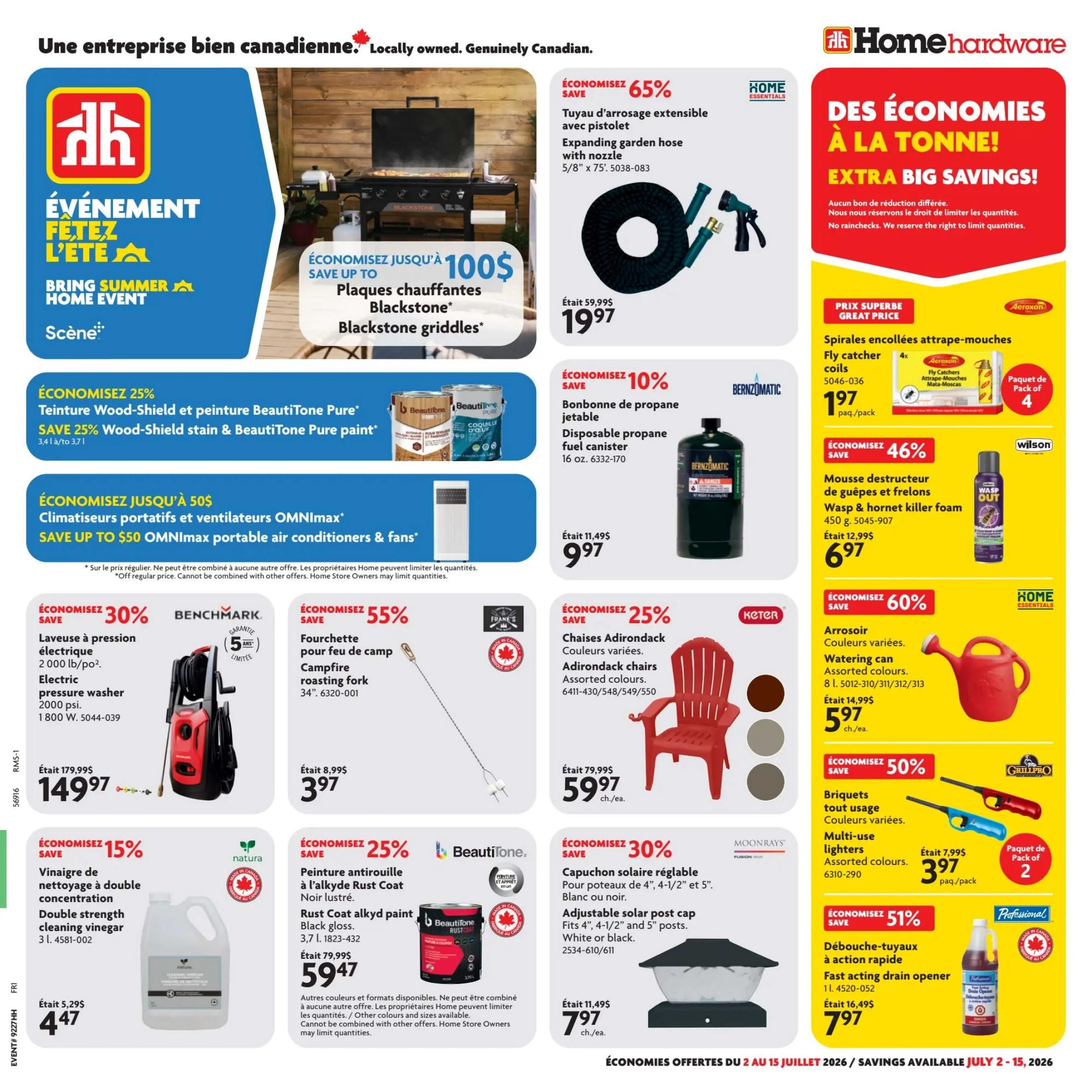 Home Hardware flyer featuring 'Bring Summer Home Event' with savings. Deals include: 65% off an expanding garden hose with nozzle for $19.97; up to $100 savings on Blackstone griddles; 10% off a disposable propane fuel canister for $9.97; 25% off Wood-Shield stain & BeautiTone Pure paint; up to $50 off OMNImax portable air conditioners & fans; 30% off a 2000 psi electric pressure washer for $149.97; 55% off a campfire roasting fork for $3.97; 15% off double strength cleaning vinegar for $4.47; 25% off Rust Coat alkyd paint for $5.97; 25% off Adirondack chairs for $59.97; 30% off adjustable solar post caps for $7.97; 60% off assorted colour watering cans for $5.97; 50% off multi-use lighters (2 pack) for $3.97; and 51% off fast acting drain opener for $7.97. Savings available July 2-15, 2026.