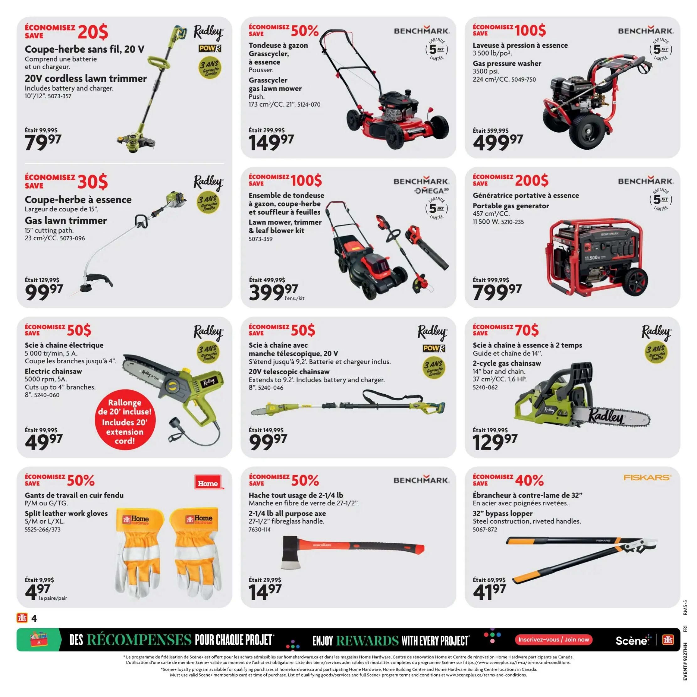 Home Hardware flyer page 5 features various tools and equipment. Save $20 on a Radley 20V cordless lawn trimmer with battery and charger, now $79.97. Save $30 on a Radley gas lawn trimmer with a 15' cutting path, now $99.97. Save $50 on an 8' electric chainsaw, 5000 rpm, 5A, cuts up to 4' branches, includes a 20' extension cord, now $49.97. Save $50 on a Radley 20V telescopic chainsaw, extends to 9.2', includes battery and charger, now $99.97. Save 50% on split leather work gloves in S/M or G/XL, now $4.97 per pair. Save 50% on a 2-1/4 lb all-purpose axe with a 27-1/2' fibreglass handle, now $14.97. Save 40% on Fiskars 32' bypass loppers with steel construction and riveted handles, now $41.97. Also featured are a Benchmark Grasscycler gas lawn mower for $149.97, a Benchmark portable gas generator for $799.97, and a Benchmark lawn mower, trimmer & leaf blower kit for $399.97. A Radley 2-cycle gas chainsaw with a 14' bar and chain is on sale for $129.97.