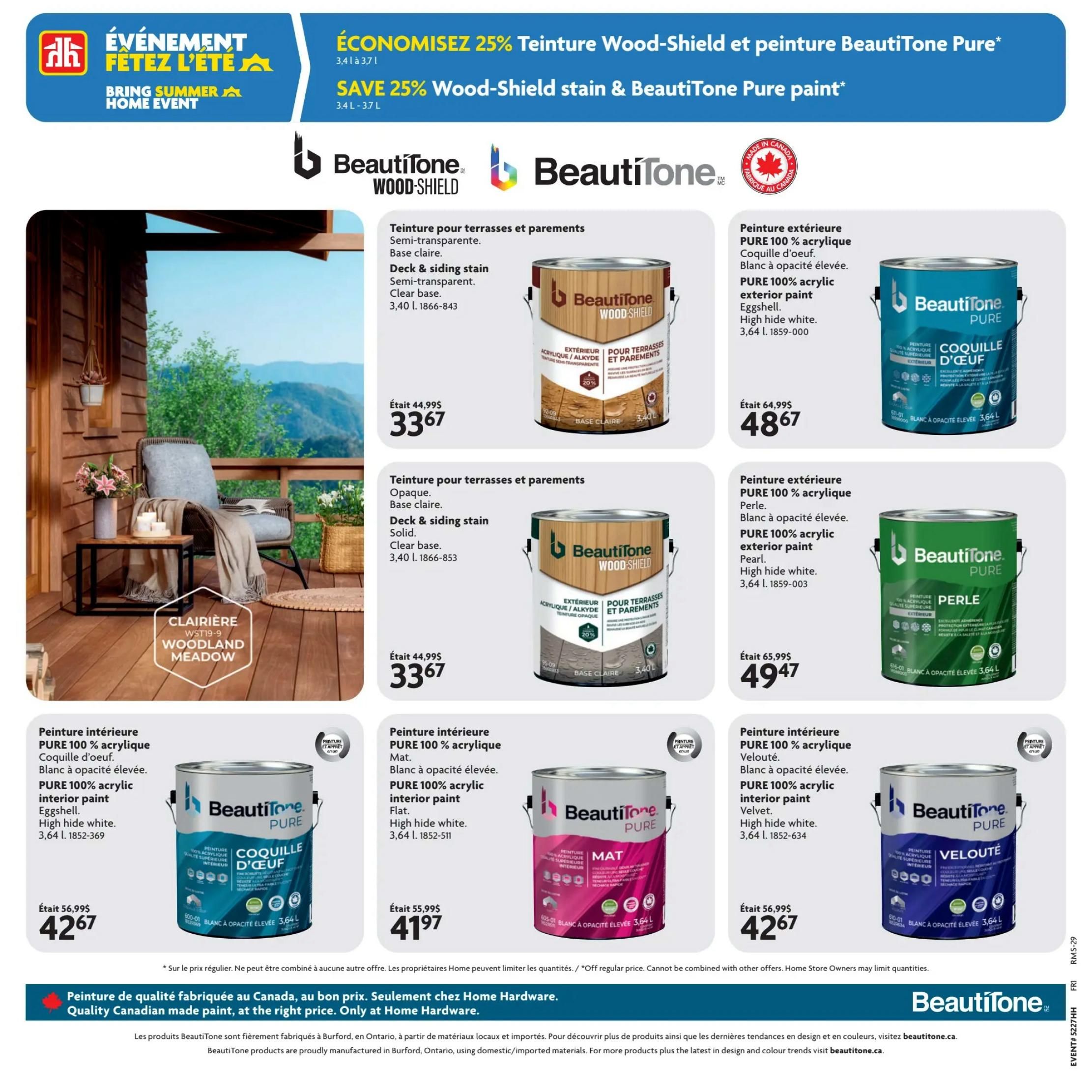Home Hardware flyer page 14 features a 'Save 25% Wood-Shield stain & BeautiTone Pure paint' event. The page showcases various BeautiTone paints and stains. Top left features a large image of a deck with furniture, with a hexagon label for 'CLAIRIÈRE WOODLAND MEADOW'. Products include BeautiTone Wood-Shield semi-transparent deck & siding stain in Clear base, originally $44.99, now $33.67. Also featured is BeautiTone Wood-Shield solid deck & siding stain in Clear base, originally $44.99, now $33.67. BeautiTone Pure 100% acrylic exterior paint in Eggshell, High hide white, 3.64 L is on sale for $42.67 (originally $56.99). BeautiTone Pure 100% acrylic exterior paint in Pearl, High hide white, 3.64 L is $49.47 (originally $65.99). BeautiTone Pure 100% acrylic interior paint in Eggshell, High hide white, 3.64 L is $42.67 (originally $56.99). BeautiTone Pure 100% acrylic interior paint in Flat, High hide white, 3.64 L is $41.97 (originally $55.99). BeautiTone Pure 100% acrylic interior paint in Velvet, High hide white, 3.64 L is $42.67 (originally $56.99). A banner at the bottom highlights 'Quality Canadian made paint, at the right price. Only at Home Hardware.