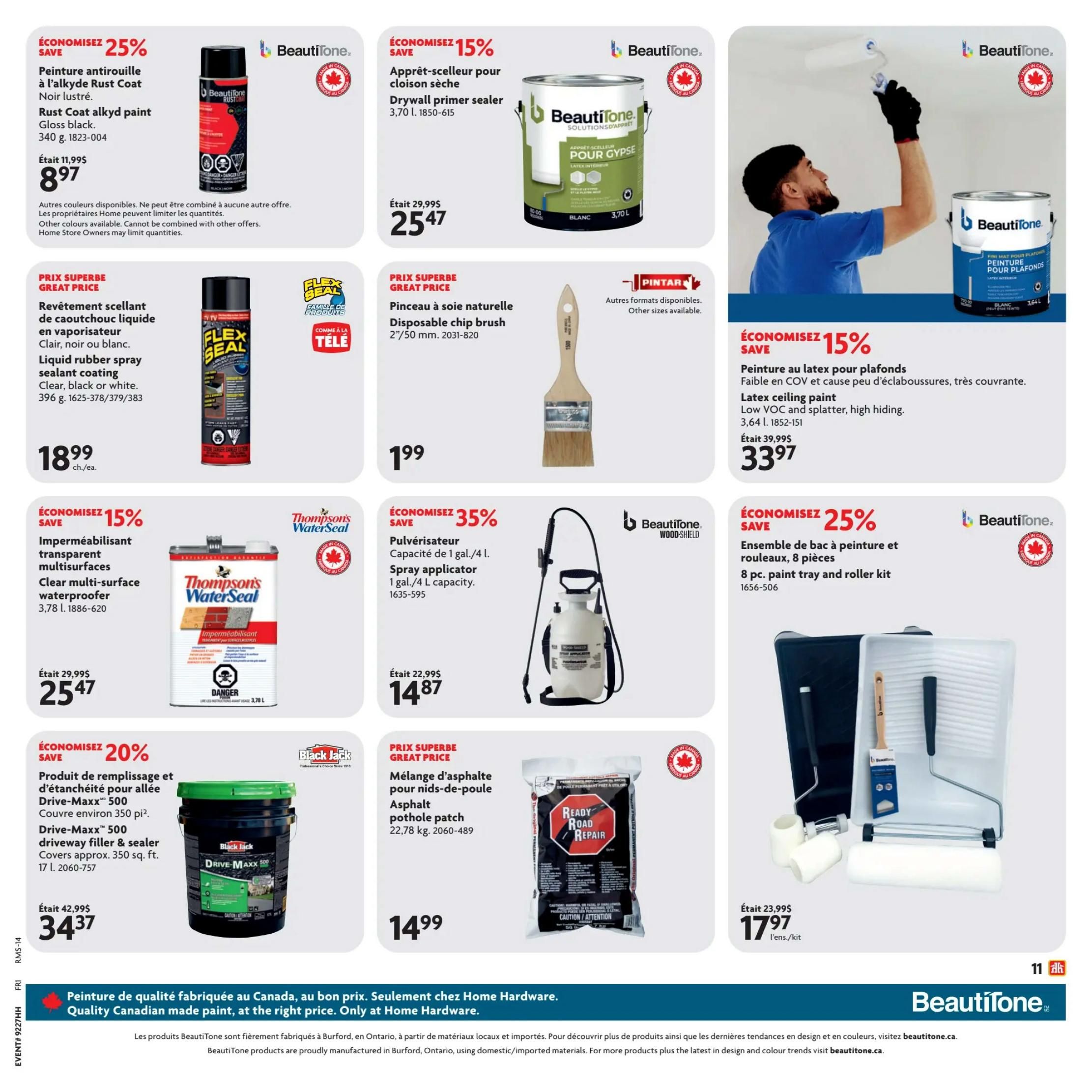 Home Hardware flyer specials page 15 featuring a 25% discount on BeautiTone Rust Coat alkyd paint in gloss black, now $8.97. Also available is a 15% discount on BeautiTone drywall primer sealer, 3.70 L, for $25.47. Flex Seal liquid rubber spray sealant coating in clear, black or white is on sale for $18.99. A 2' disposable chip brush is priced at $1.99. Thompson's WaterSeal clear multi-surface waterproofer, 3.78 L, is 15% off, selling for $25.47. BeautiTone spray applicator, 1 gal./4 L capacity, is 35% off, priced at $14.87. BeautiTone latex ceiling paint, 3.64 L, is 15% off, available for $33.97. Black Jack Drive-Maxx 500 driveway filler & sealer, 17 L, is 20% off, priced at $34.37. Ready Road Repair asphalt pothole patch, 22.78 kg, is $14.99. Finally, a BeautiTone 8 pc. paint tray and roller kit is 25% off, selling for $17.97.