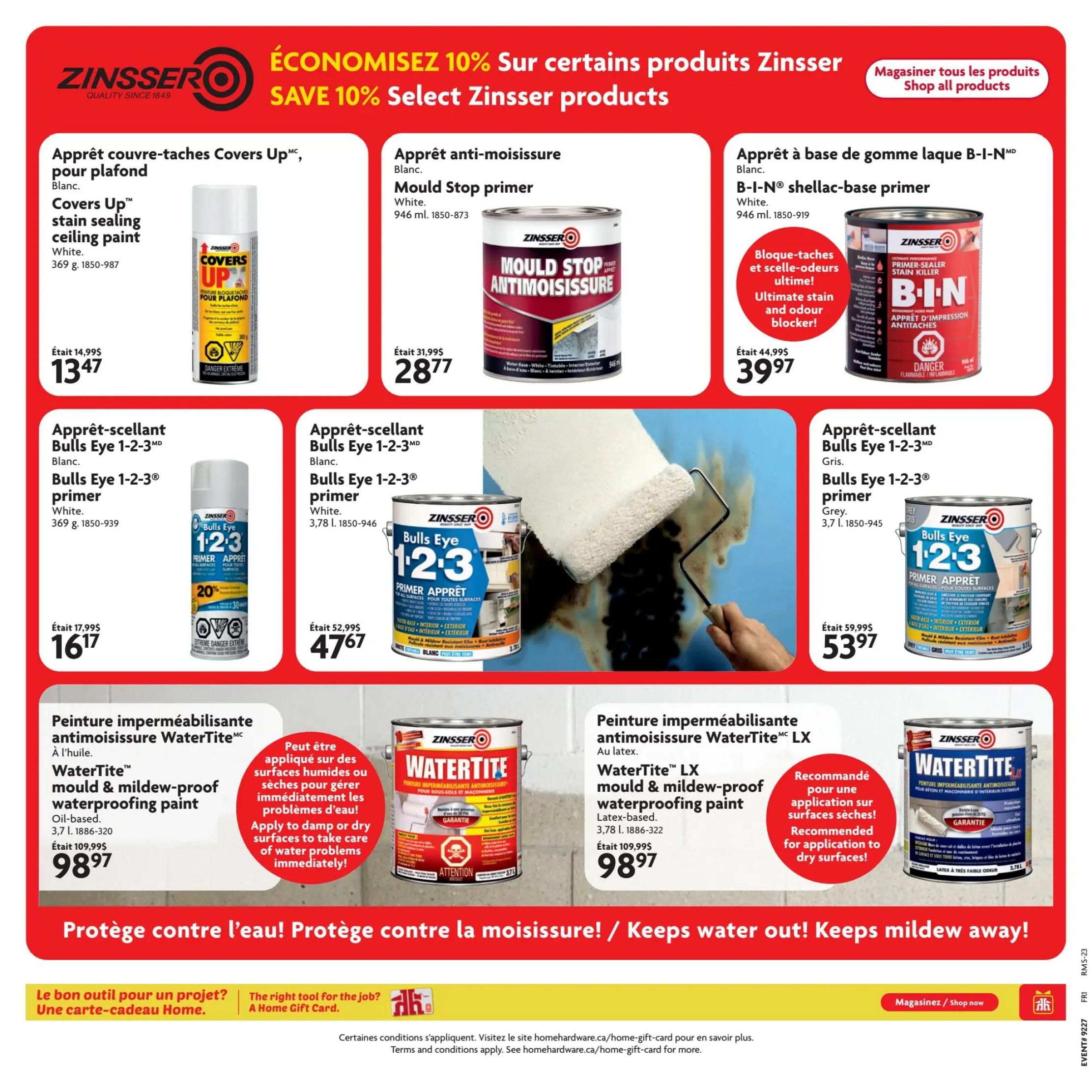 Home Hardware flyer page featuring Zinsser products with savings up to 10%. Products include Zinsser Covers Up stain sealing ceiling paint, originally $14.99, now $13.47. Zinsser Mould Stop primer (946 ml) is on sale for $28.77, down from $31.99. Zinsser B-I-N shellac-base primer (946 ml) is priced at $39.97, a reduction from $44.99. Bulls Eye 1-2-3 primer is available in a 369 g spray can for $16.17 (was $17.99) and in a 3.78 L can for $47.67 (was $52.99). Also featured is Bulls Eye 1-2-3 primer in grey, 3.7 L, for $53.97 (was $59.99). Zinsser WaterTite mould & mildew-proof waterproofing paint in oil-based (3.7 L) is $98.97 (was $109.99), with a note that it can be applied to damp or dry surfaces to address water problems immediately. Zinsser WaterTite LX mould & mildew-proof waterproofing paint in latex-based (3.78 L) is also $98.97 (was $109.99), recommended for application to dry surfaces. The page highlights protection against water and mildew. A section at the bottom promotes Home Gift Cards.