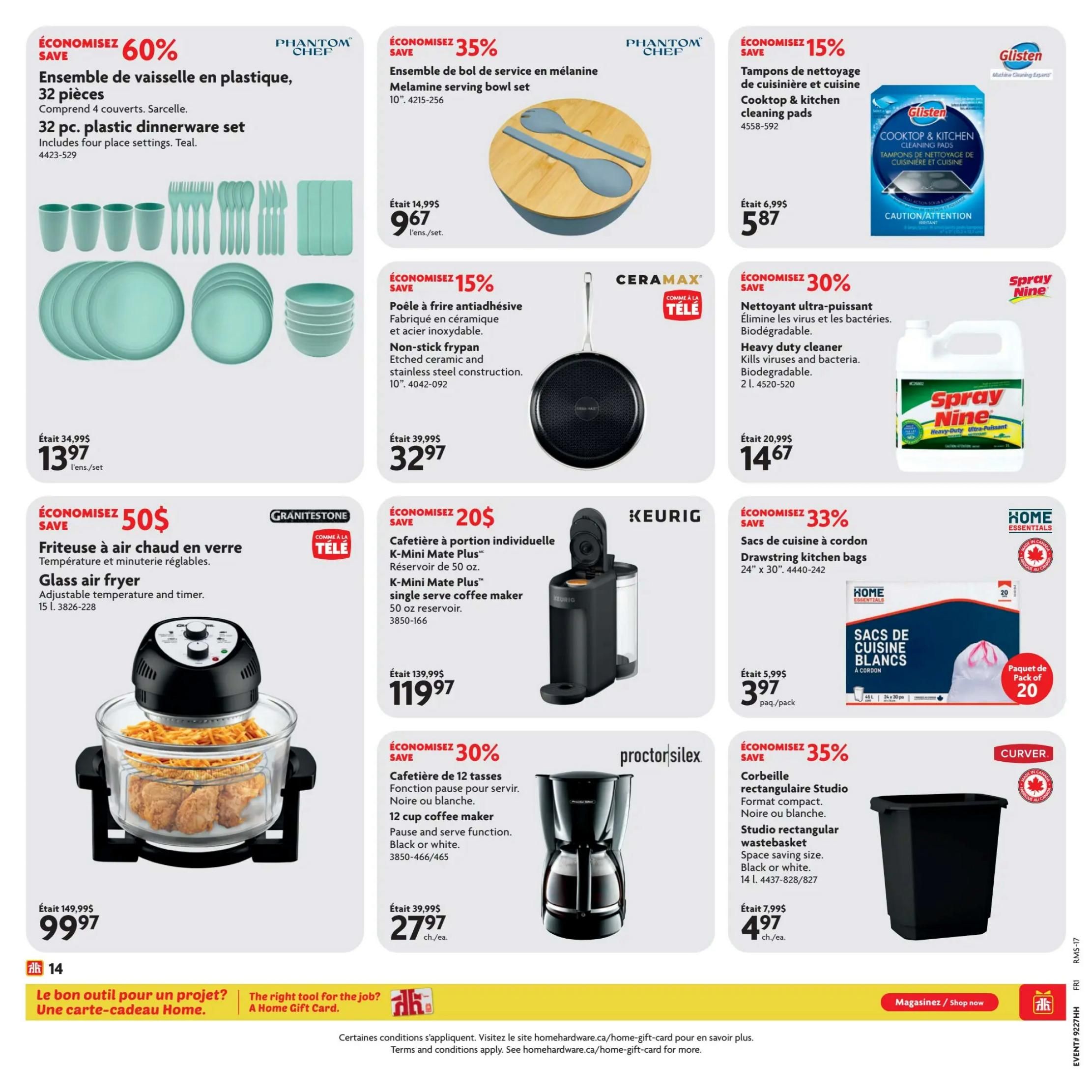 Home Hardware flyer page 21 featuring various home goods. Save 60% on a 32-piece teal plastic dinnerware set for four, originally $34.99, now $13.97. Save 35% on a Phantom Chef melamine serving bowl set, now $9.67. Save 15% on Glisten Cooktop & Kitchen cleaning pads, now $5.87. Save 50% on a Granitestone glass air fryer with adjustable temperature and timer, originally $149.99, now $99.97. Save 15% on a Ceramax non-stick frypan with etched ceramic and stainless steel construction, 10-inch, now $32.97. Save 30% on Spray Nine heavy-duty cleaner, kills viruses and bacteria, biodegradable, 2L, now $14.67. Save 20% on a Keurig K-Mini Mate Plus single-serve coffee maker with 50 oz reservoir, originally $139.99, now $119.97. Save 30% on a Proctor Silex 12-cup coffee maker with pause and serve function, black or white, now $27.97. Save 35% on Home Essentials drawstring kitchen bags, 24' x 30', pack of 20, now $3.97. Save 35% on a Curver rectangular Studio wastebasket, space-saving size, black or white, 14L, now $4.97. The bottom banner promotes Home Gift Cards.