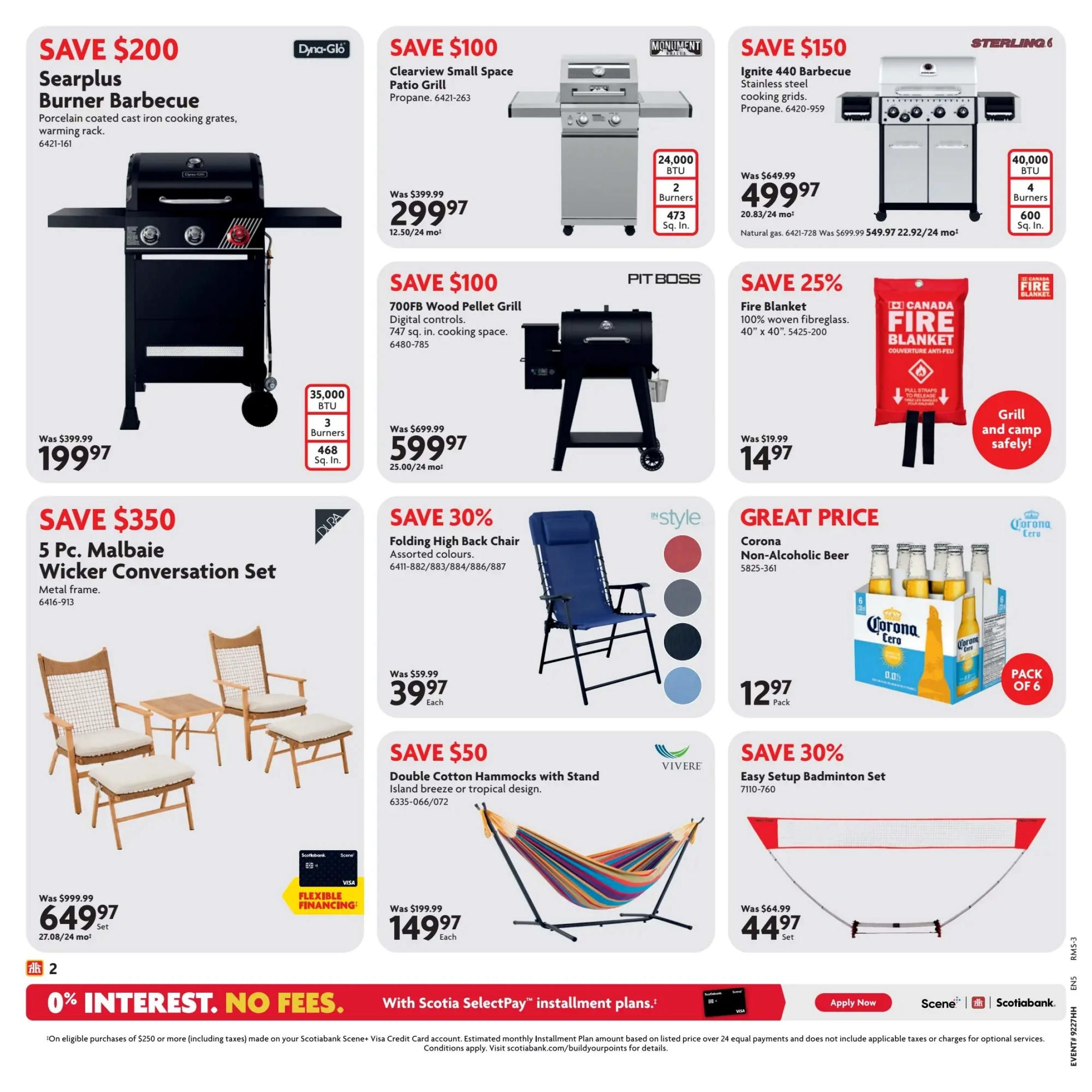 Home Hardware flyer specials page 3 features savings on outdoor and leisure items. Save $200 on the Searplus Burner Barbecue with porcelain coated cast iron grates and warming rack, now $199.97. Save $100 on the Clearview Small Space Patio Grill for $299.97 and the 700FB Wood Pellet Grill with digital controls for $599.97. The Ignite 440 Barbecue is on sale for $499.97, saving $150. Stay safe with a Canada Fire Blanket for $14.97, a 25% discount. Relax with the 5 Pc. Malbaie Wicker Conversation Set, metal frame, for $649.97. Save 30% on Folding High Back Chairs in assorted colours, now $39.97 each. Enjoy a pack of 6 Corona Non-Alcoholic Beer for $12.97. Save $50 on Double Cotton Hammocks with Stand for $149.97 each. Get an Easy Setup Badminton Set for $44.97, a 30% saving. All items are available with 0% interest, no fees on Scotiabank SelectPay installment plans for purchases of $250 or more.