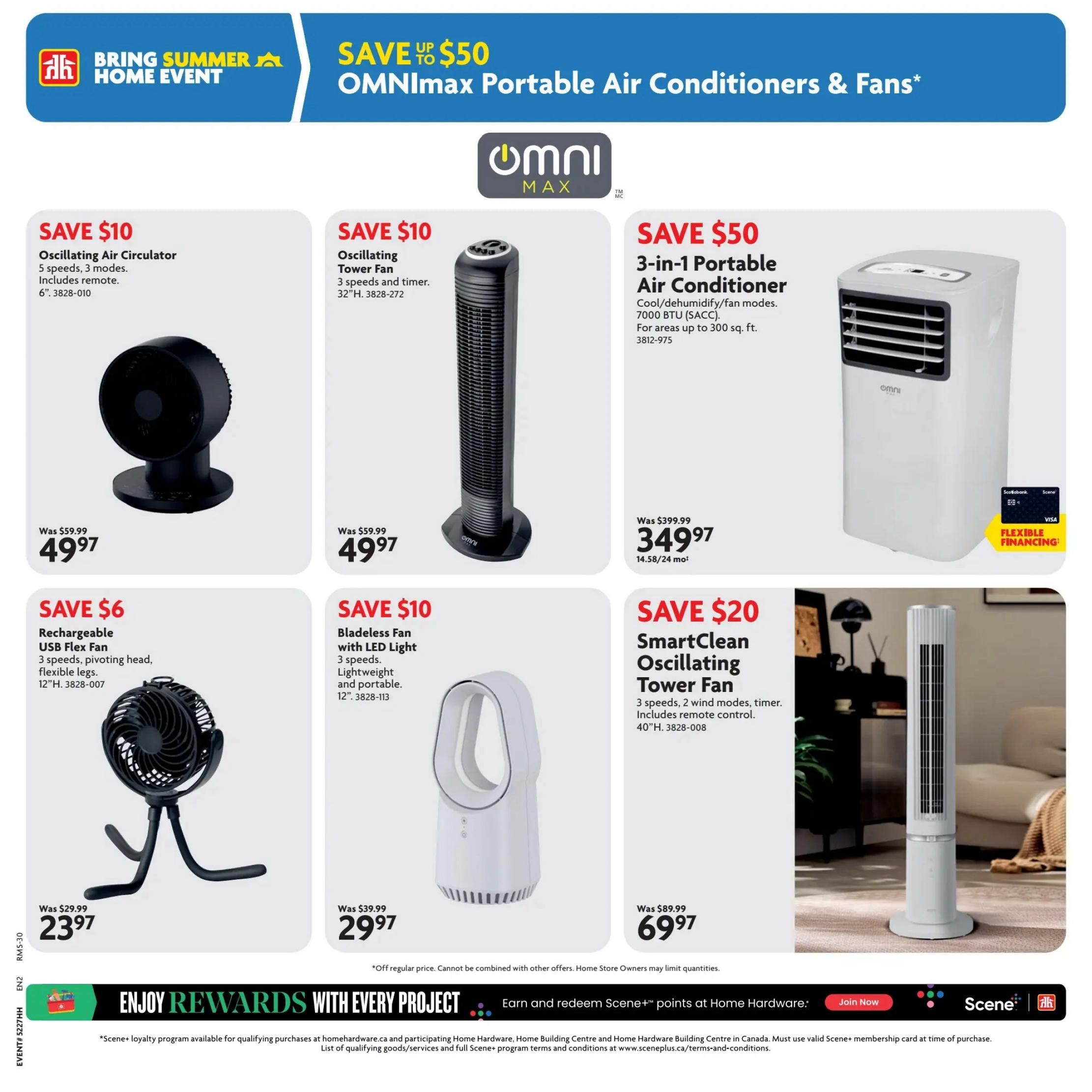 Home Hardware flyer page featuring a selection of fans and air conditioners. Top banner announces 'Bring Summer Home Event' and 'Save up to $50 on OMNImax Portable Air Conditioners & Fans'. Featured products include: Oscillating Air Circulator, 6', on sale for $49.97 (Save $10), originally $59.99. Oscillating Tower Fan, 32'H, on sale for $49.97 (Save $10), originally $59.99. OMNImax 3-in-1 Portable Air Conditioner, cool/dehumidify/fan modes, for areas up to 300 sq. ft., on sale for $349.97 (Save $50), originally $399.99. Rechargeable USB Flex Fan, 12'H, on sale for $23.97 (Save $6), originally $29.99. Bladeless Fan with LED Light, 12', on sale for $29.97 (Save $10), originally $39.99. SmartClean Oscillating Tower Fan, 40'H, on sale for $69.97 (Save $20), originally $89.99. The bottom of the page promotes 'Enjoy Rewards with Every Project' and earning Scene+ points at Home Hardware, with details on the Scene+ loyalty program.