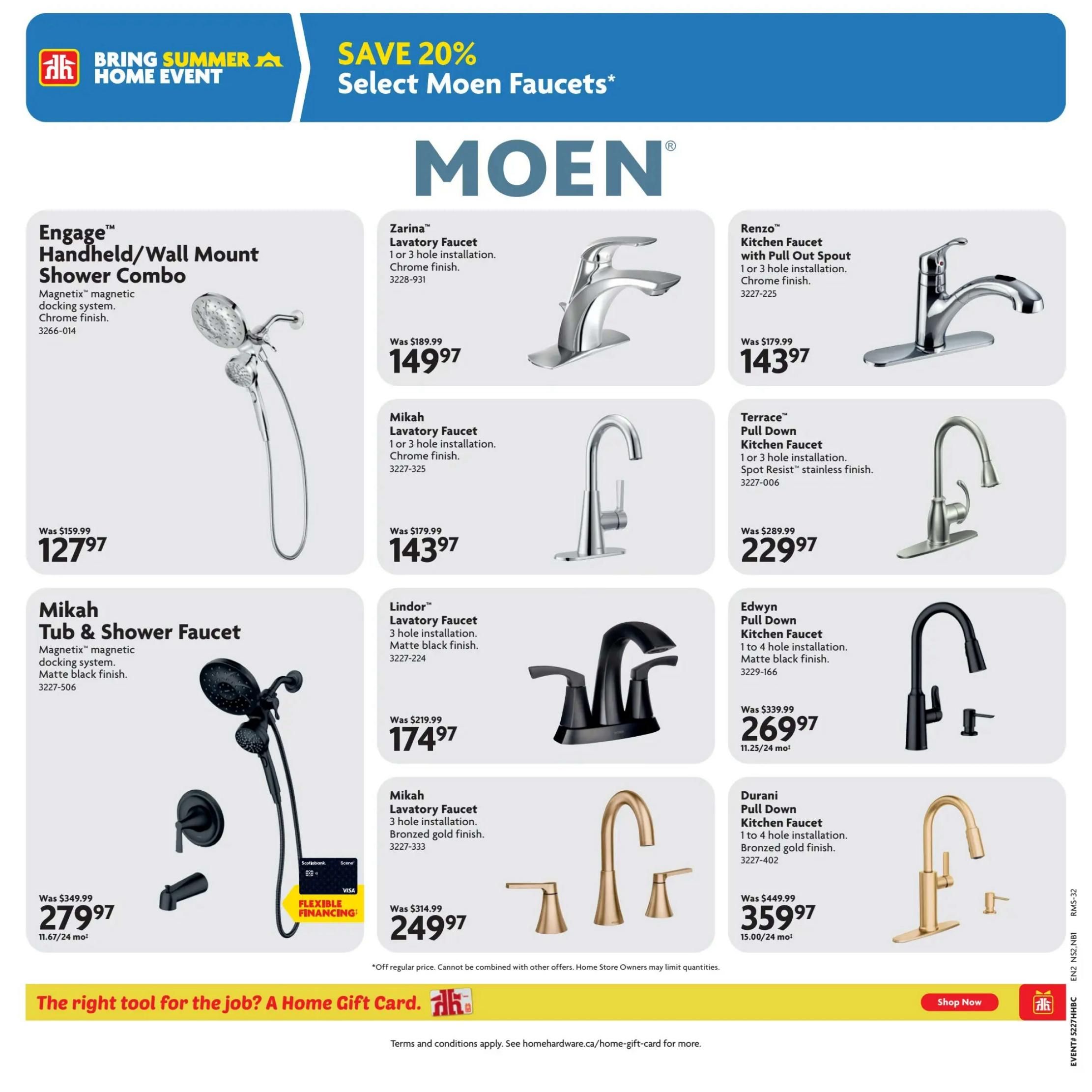 Home Hardware Atlantic flyer specials page 23 features a 'Bring Summer Home Event' with 'Save 20% Select Moen Faucets'. Featured products include the Engage™ Handheld/Wall Mount Shower Combo with Magnetix™ magnetic docking system in chrome finish for $127.97 (was $159.99). Also available is the Mikah Tub & Shower Faucet with Magnetix™ magnetic docking system in matte black finish for $279.97 (was $349.99), with flexible financing options. Faucets on sale include the Zarina™ Lavatory Faucet in chrome finish for $149.97 (was $189.99), the Mikah Lavatory Faucet in chrome finish for $143.97 (was $179.99), the Lindor™ Lavatory Faucet in matte black finish for $174.97 (was $219.99), the Mikah Lavatory Faucet in bronzed gold finish for $249.97 (was $314.99), the Renzo™ Kitchen Faucet with Pull Out Spout in chrome finish for $143.97 (was $179.99), the Terrace™ Pull Down Kitchen Faucet in Spot Resist™ stainless finish for $229.97 (was $289.99), the Edwyn Pull Down Kitchen Faucet in matte black finish for $269.97 (was $339.99), and the Durani Pull Down Kitchen Faucet in bronzed gold finish for $359.97 (was $449.99). A note indicates that the offer is off regular price, cannot be combined with other offers, and Home Store Owners may limit quantities. The page also promotes 'The right tool for the job? A Home Gift Card.