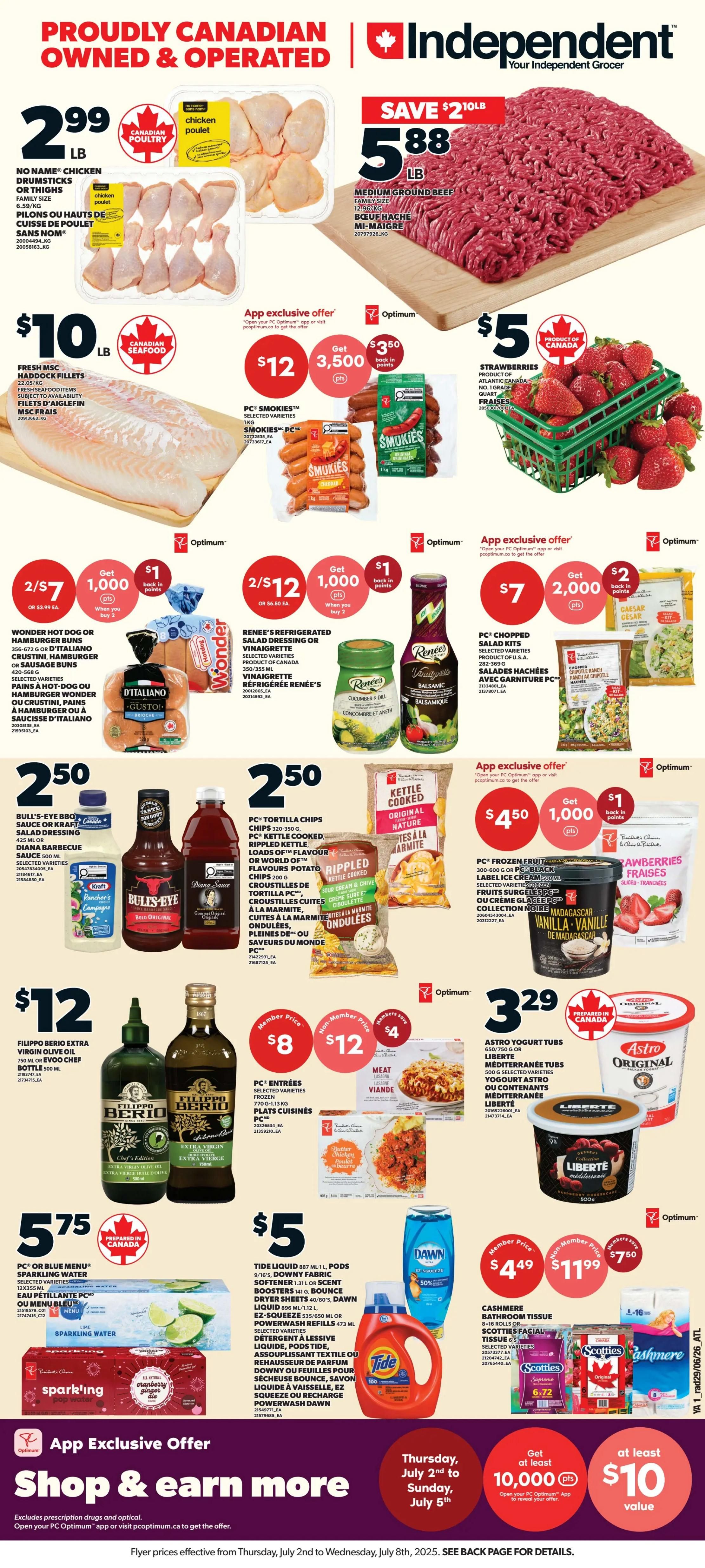 Page 1 of the Independent flyer features a special offer: Score two (2) FREE chicken tenders the day after Canada wins or draws a game. This offer is for PC Optimum members only and requires opening the PC Optimum app or visiting pcoptimum.ca to load the offer. The offer is redeemable for two free chicken tenders when Canada's national men's soccer team wins a game between June 11 - July 19, 2026. To redeem, open the PC Optimum app or visit pcoptimum.ca and sign in to your account and load the offer. Present it using the app to the Meals to Go department in-store between 11:00 AM and 7:00 PM at participating Loblaws, City Markets, Zehrs, Your Independent Grocer, Valu-Mart, and Provigo locations on the day immediately following an eligible tournament game win. Product and PC Optimum app must be scanned at the checkout. Offer is exclusive to the PC Optimum member associated with the account and expires after one use. It has no cash value and cannot be combined with other coupons or offers. While supplies last, substitutions may occur. The page also displays logos for Loblaws, CityMarket, Zehrs, Independent, and Valu-Mart.