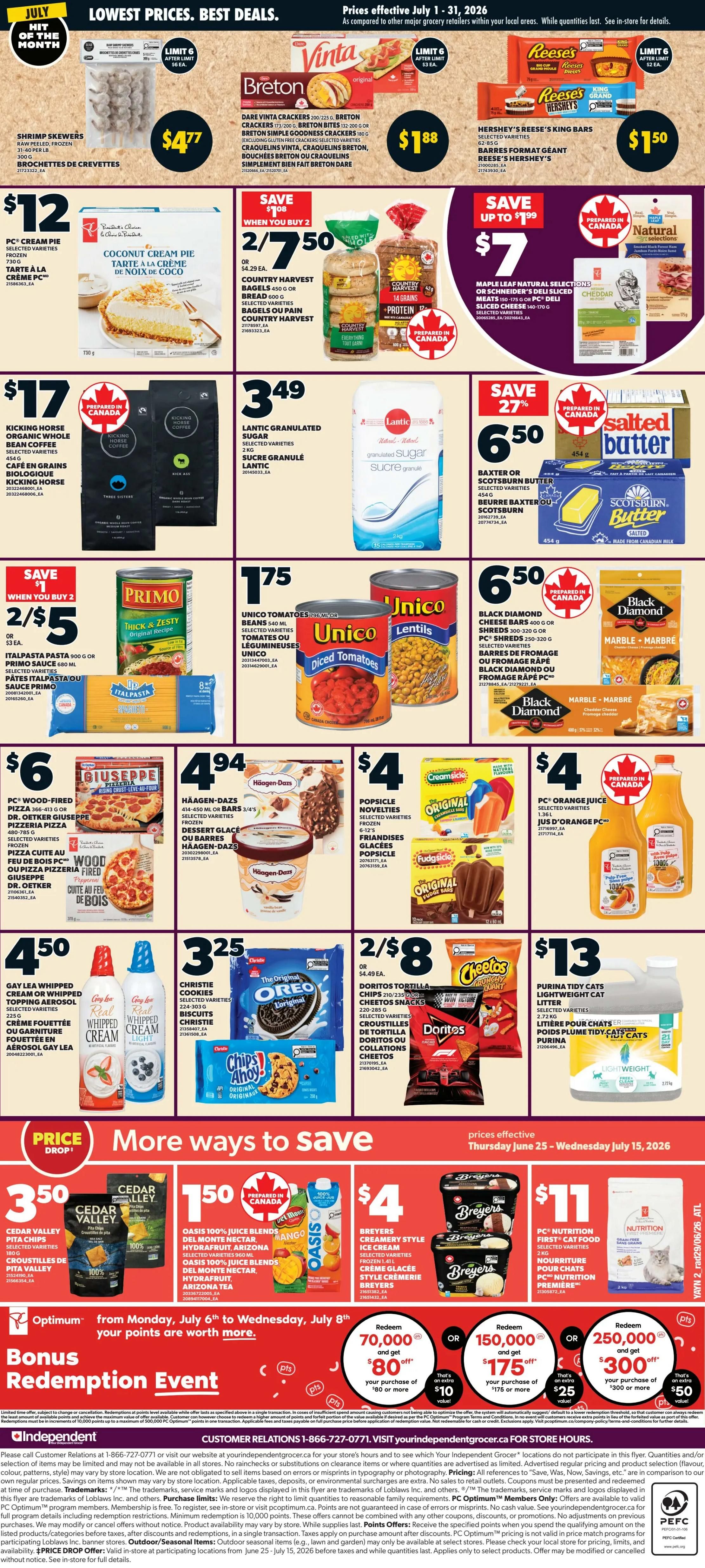 Independent Atlantic flyer page 3 featuring weekly specials. Deals include Shrimp Skewers for $4.77, Dare Vinta Crackers and Breton Bites for $1.88, and Hershey's King Bars for $1.50. Also featured are PC Cream Pie and Coconut Cream Pie for $12 when you buy 2, Country Harvest Bagels or Bread for 2/$7.50, and Maple Leaf Natural Selections or Schneider's Deli Sliced Cheese for $7. Kicking Horse Organic Whole Bean Coffee is $17. Lantic Granulated Sugar is $3.49. Baxter or Scotsburn Butter is $6.50. Primo Pasta Sauce or Unico Tomatoes and Lentils are 2/$5. Black Diamond Cheese Bars are $6.50. PC Wood-Fired Pizza or Giuseppe Pizzeria Pizza is $6. Häagen-Dazs frozen desserts are $4.94. Popsicle Novelties are $4. PC Orange Juice is $4. Gay Lea Whipped Cream or Whipped Topping Aerosol is $4.50. Christie Cookies are $3.25. Doritos Tortilla Chips or Cheetos Snacks are 2/$8. Purina Tidy Cats Lightweight Litter is $13. The bottom section highlights 'More Ways to Save' with Cedar Valley Pita Chips for $3.50, Oasis Juice Blends for $1.50, and Breyers Creamery Style Ice Cream for $4. Pictured are also Breaker's Ice Cream for $11 and PC Nutrition First Cat Food for $11. A Bonus Redemption Event offers points for purchases of $60, $80, or $100.